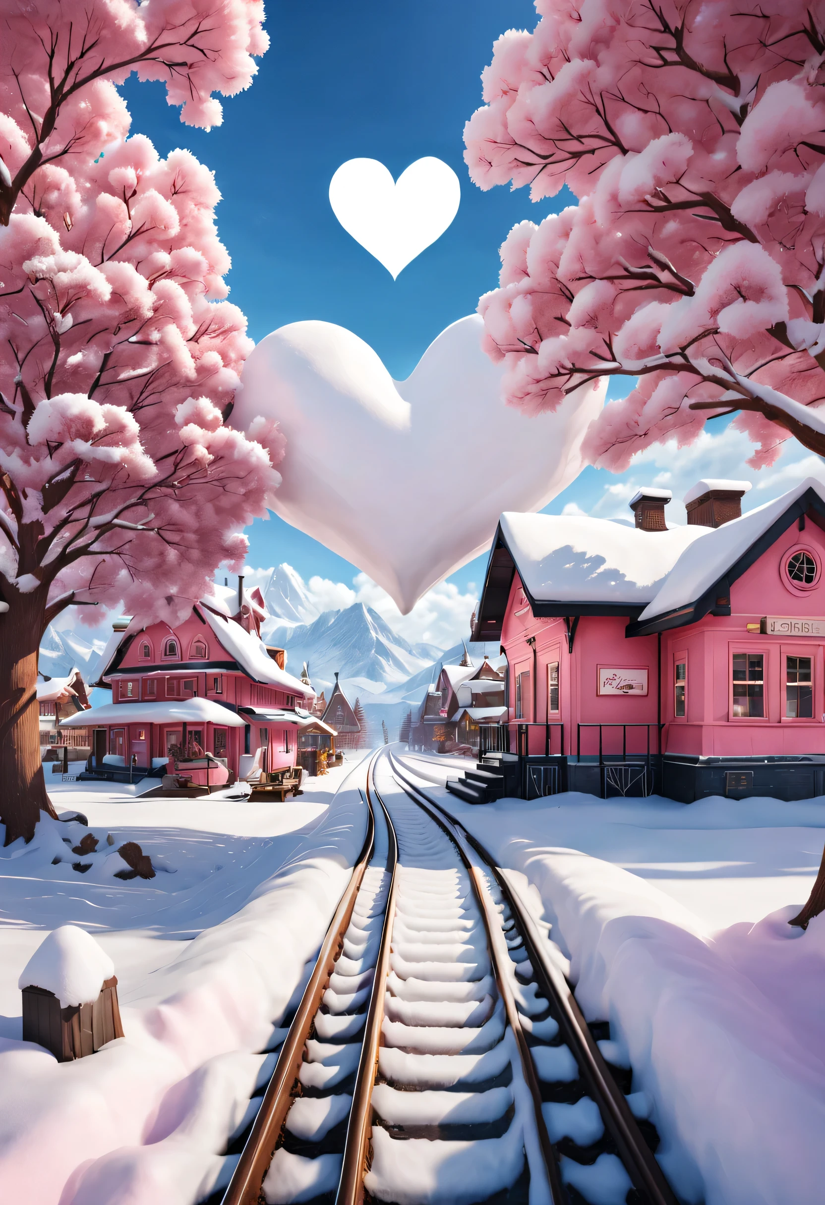 Scene design, a beautiful station (Train tracks stretch to the sky: 0.85), cloud, snow scene, (Warm pink station building), (Heart shaped station sign inserted in snow), heart shaped love tree, There are cozy little station rooms on both sides of the sign., thick snow, Front view, ultra wide angle lens, 8k, Ultra-clear, true, Romantic, heavenly atmosphere, fantasy,