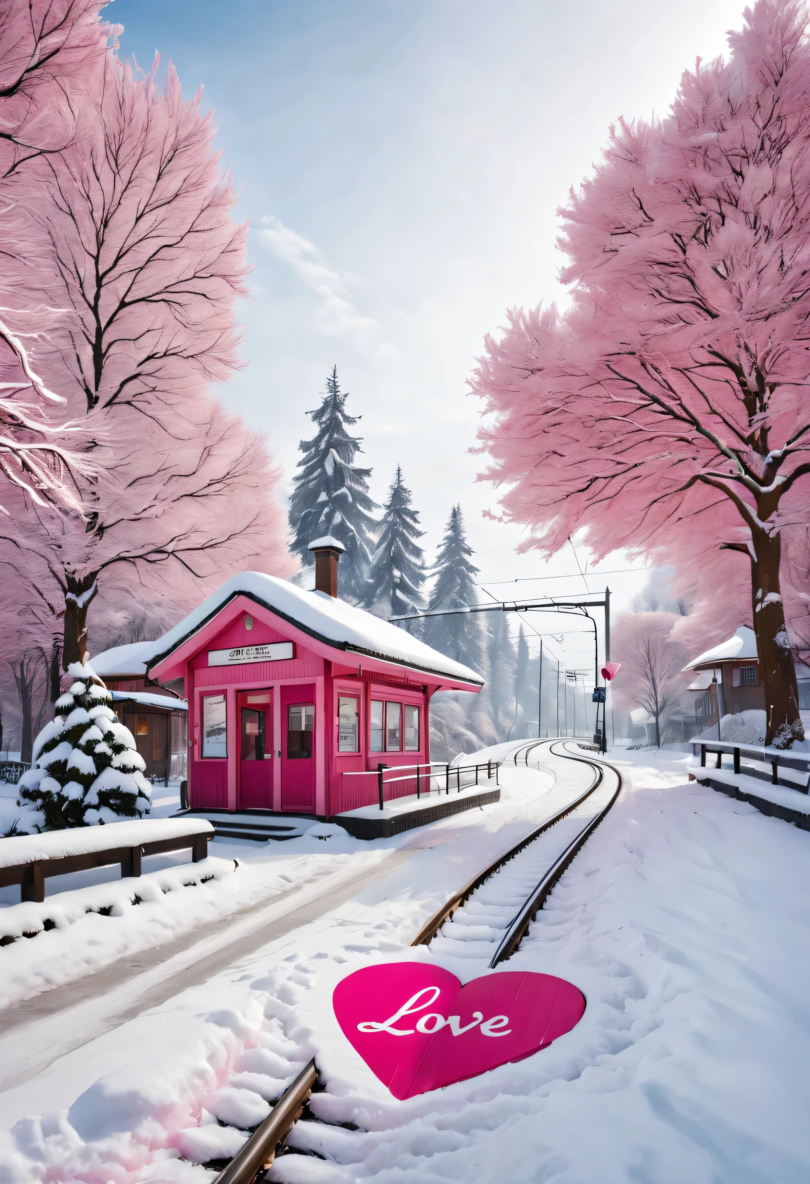 a beautiful station, snow scene (There is a warm pink station building on the roadside), (A heart-shaped station sign stuck in the snow), heart shaped love tree, There are cozy little station rooms on both sides of the sign., a track extending into the distance, thick snow, Front view, ultra wide angle lens, 8k, Ultra-clear, true, Romantic, heavenly atmosphere,track，stop，