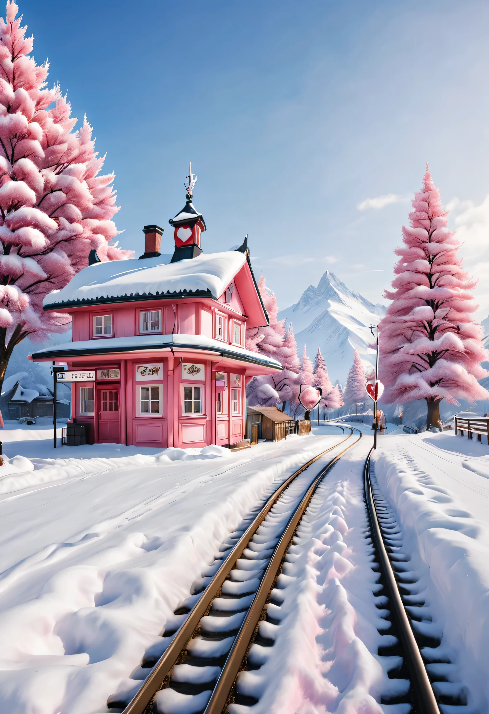 a beautiful station, snow scene (There is a warm pink station building on the roadside), (A heart-shaped station sign stuck in the snow), heart shaped love tree, There are cozy little station rooms on both sides of the sign., a track extending into the distance, thick snow, Front view, ultra wide angle lens, 8k, Ultra-clear, true, Romantic, heavenly atmosphere,track，stop，