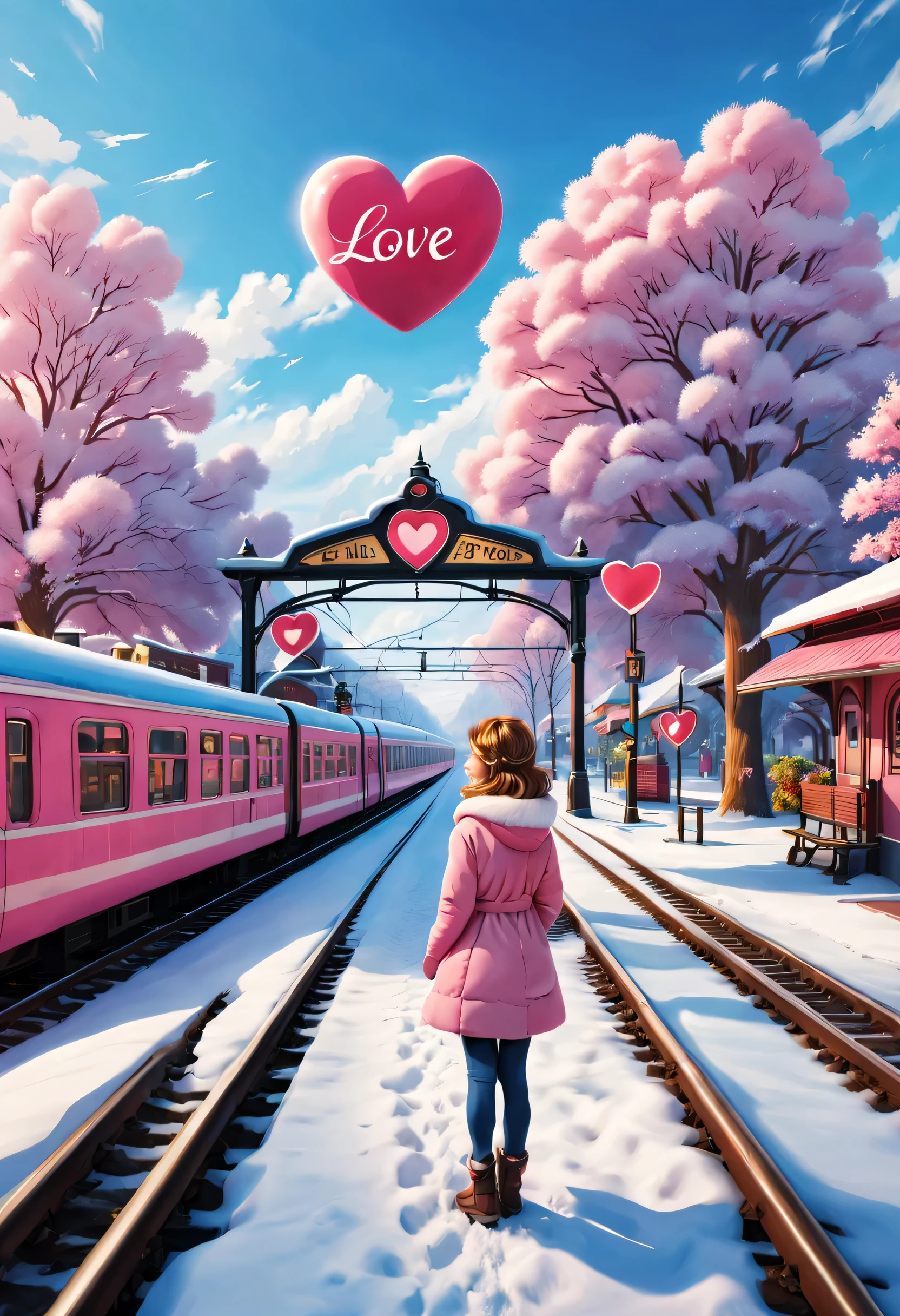 Fauvist style,, Beautiful and meticulous,beautiful train station,With snow scene and train tracks (There is a small warm pink station on the roadside), There's a giant heart-shaped station sign and a heart-shaped love tree. There are warm little station buildings on both sides of the stop sign., There is thick snow. There is a super wide-angle lens on the front, 8k, Ultra-clear, actual, Romantic, And look forward to the back view of the cartoon girl in blue clothes, Create a heavenly atmosphere,