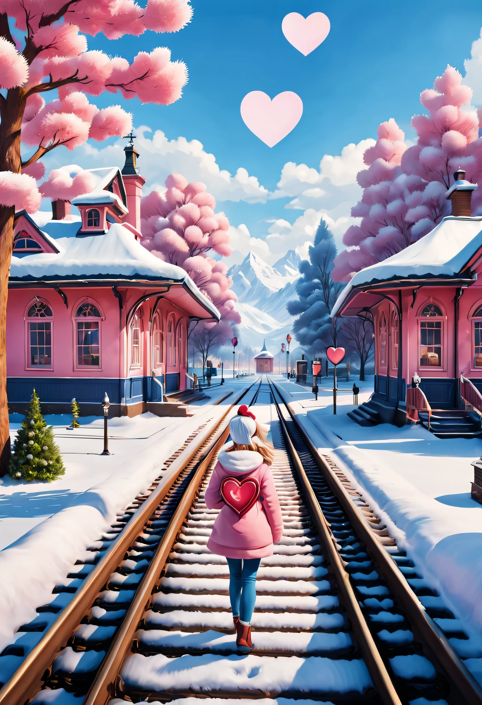 Fauvist style,, Beautiful and meticulous，beautiful train station，With snow scene and train tracks (There is a small warm pink station on the roadside), There&#39;s a giant heart-shaped station sign and a heart-shaped love tree. There are warm little station buildings on both sides of the stop sign., There is thick snow. There is a super wide-angle lens on the front, 8k, Ultra-clear, actual, Romantic, And look forward to the back view of the cartoon little girl in blue clothes, Create a heavenly atmosphere,