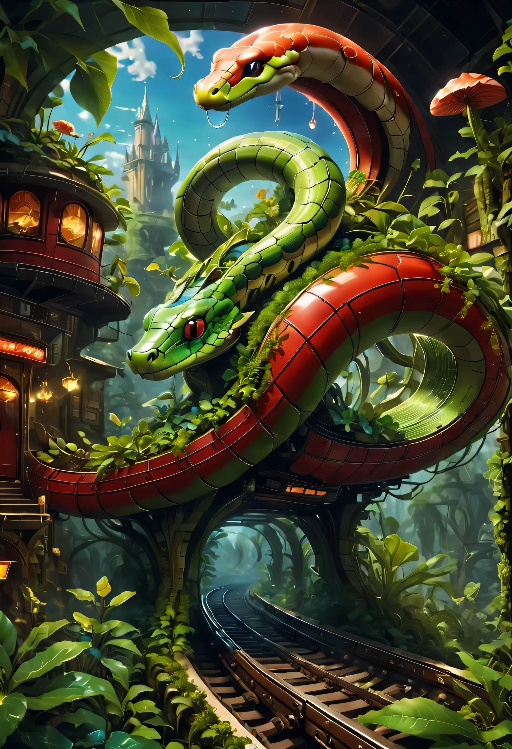 masterpiece,official art aesthetics,fairy tales,magic的车站。inspired by snakes,curved track,Extra long red train station,train circling in the sky:1.37,By the train:1.37,Air orbit,cute elf,transparent train,A train full of plants,high-end,advanced,Clean,neat,micro landscape,global illumination,Ray tracing,particle effect。Dream,magic,