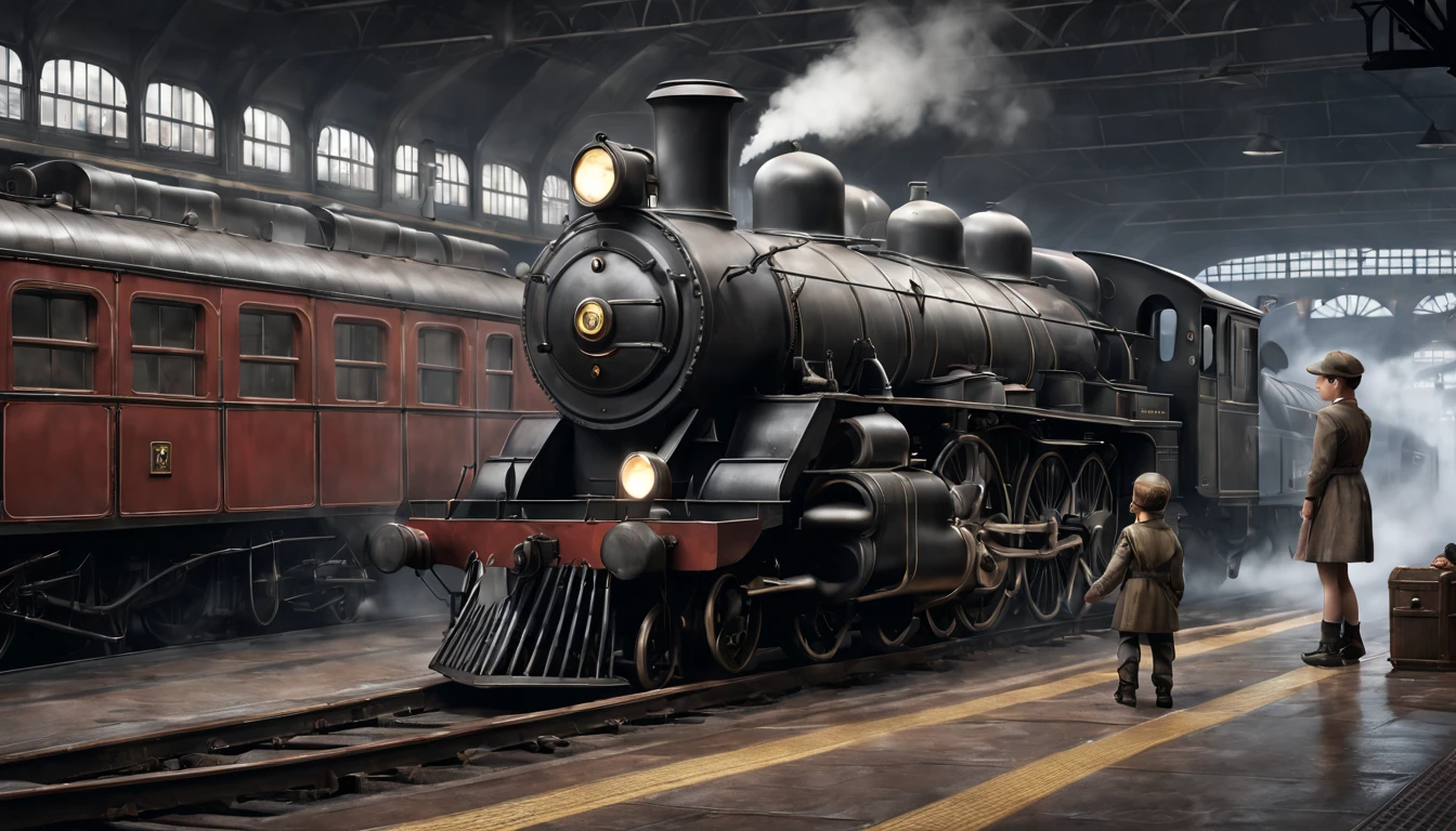 Station sales department.Two children were playing on the floor of the station platform, dieselpunk train station, Steam engine matte spray paint, Realistic concept art, Highly detailed matte, Realistic matte, Ultra-realistic matte, Highly realistic concept art, Luxurious matte painting, Inspired by Rudy Sisvanto, Realistic Disney, Magical realistic matte painting, 3D rendering matte