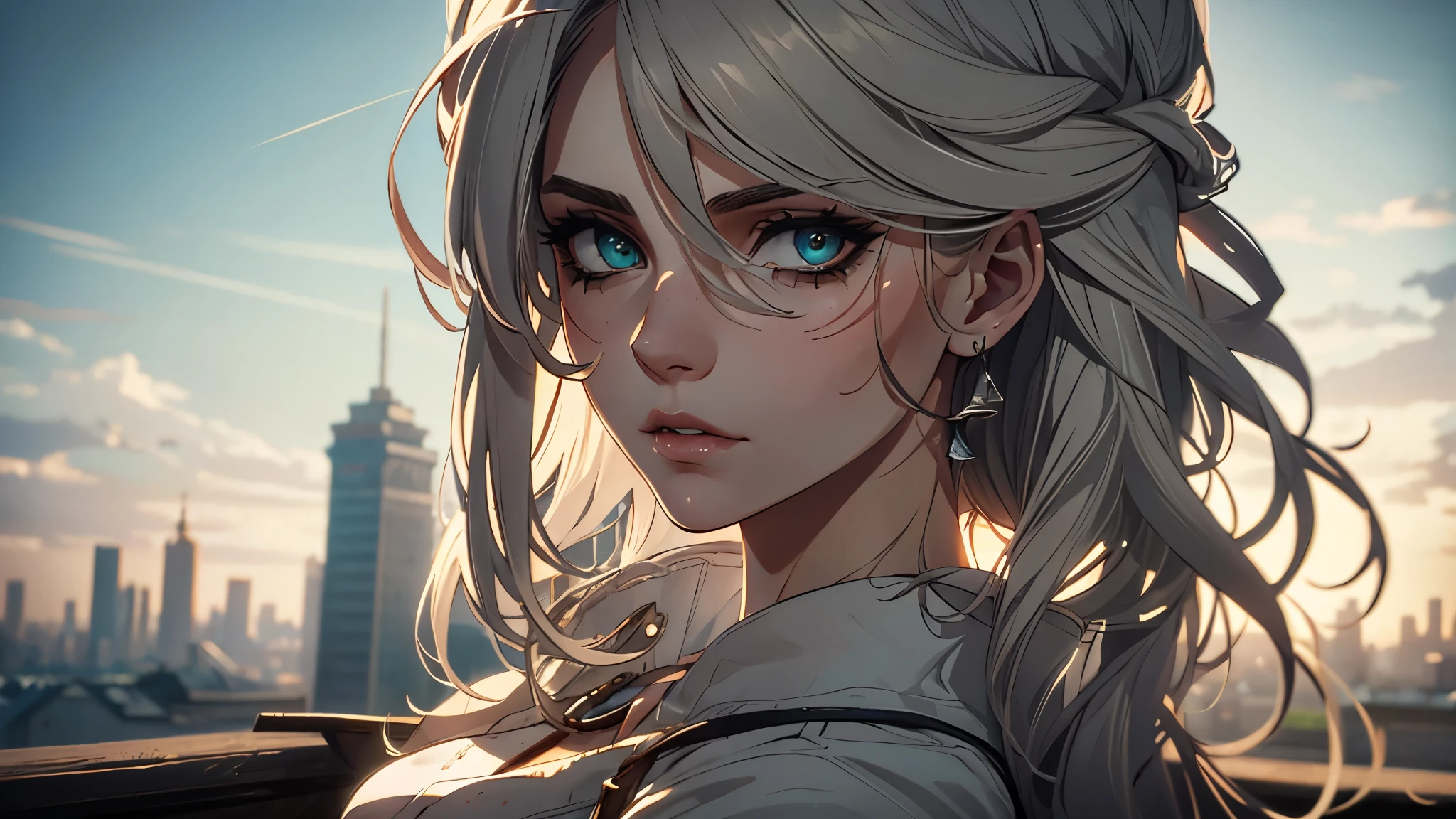 ultra-detailed, photorealistic (best quality:1.2) portrait of a woman( Ciri from The Witcher3) with white hair. Her expressive eyes gaze directly at the viewer, revealing a depth of emotion. She has a slim figure and medium-sized breasts, exuding a delicate and elegant charm. Her wind-blown long curls cascade down her back, adding a sense of movement to the composition. The background features a rooftop with a view of the cityscape, creating an urban atmosphere. The lighting is soft, casting gentle shadows on her features and emphasizing the intricacies of her face. The color palette consists of muted tones, with hints of cool blues and soft grays. This artwork exhibits a high level of detail and realism, capturing the essence of the subject with precision.