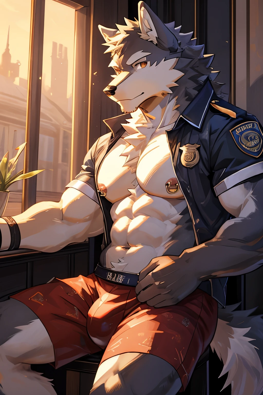 (kemono, by caro, wolf, male, solo, big pecs), (white body, white fur:1.05),
police, sitting,
(bulge, boxers \(clothing\), nude, black nipples, nipple piercing),
hdr, hi res, sunset