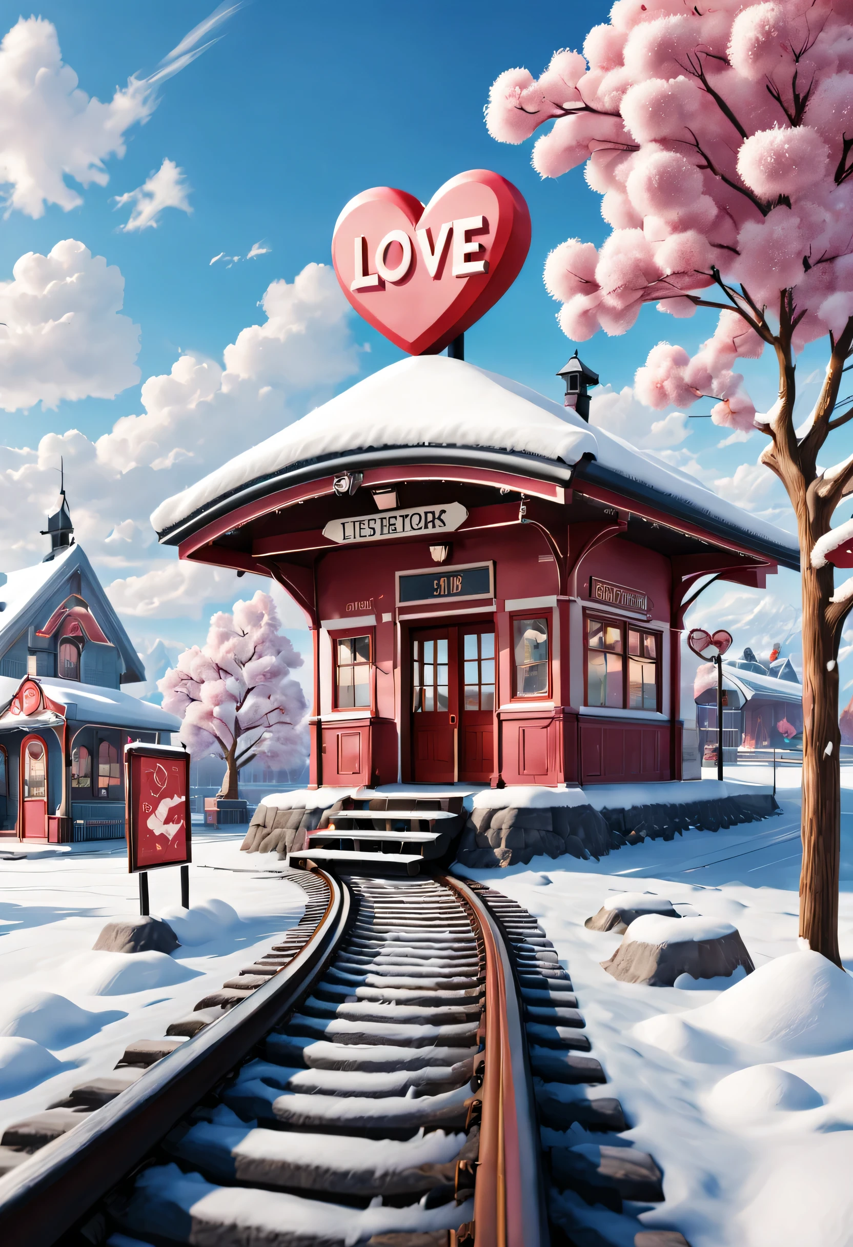 Scene design, a beautiful station (Train tracks extend from the ground to the sky: 0.85), cloud, snow scene, (Warm pink station building: 0.65), "TRAIN STATION" Letter logo (A station sign stuck in the snow: 0.65), heart shaped love tree, Warm little station buildings on both sides of the signboard, thick snow, Front view, ultra wide angle lens, 8k, Ultra-clear, true, Romantic, heavenly atmosphere, fantasy,