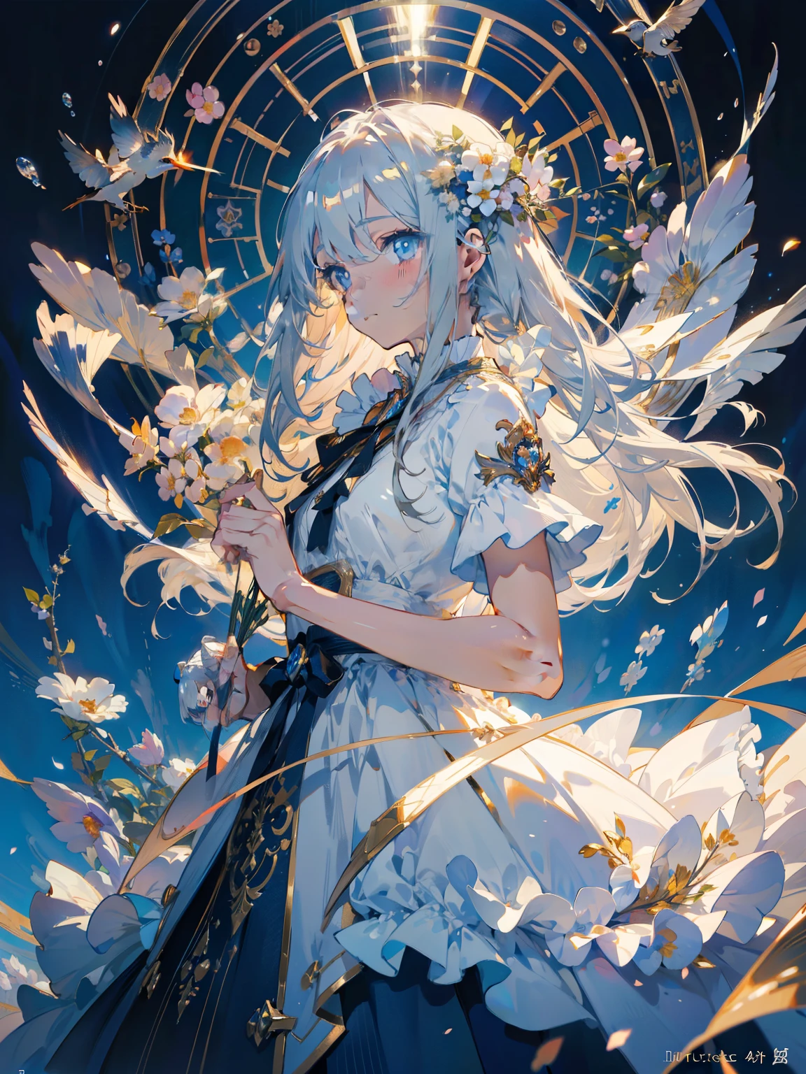 official art, ヨーロッパのmasterpiece女性,, light silver hair , deep blue eyeasterpiece、highest quality、High resolution: 1.4),In 8K, anime art nouveau, Highly detailed exquisite fan art, anime fantasy illustration, clean detailed anime art, detailed anime art, sharp focus of a person, delicate Beautiful Hair and Eyes and Face, realistic, super detailed, flower garden,((delicate, delicateで可愛い手)),((elegant shiny dress)),((lots of races)),((lots of frills)),((lots of ribbons))