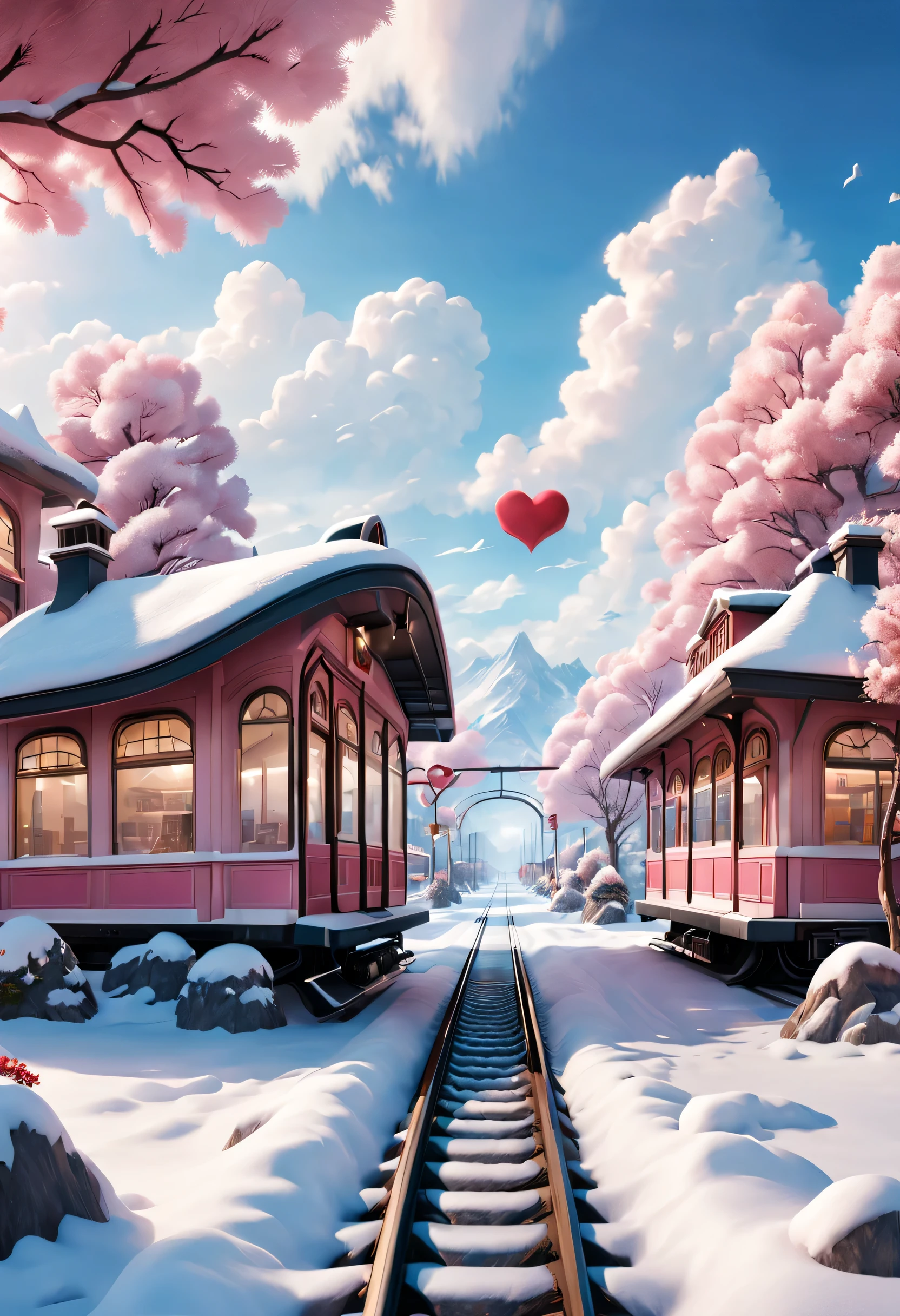 a beautiful train station，With snow scene and train tracks. There is a warm pink station on the roadside, There&#39;s a giant heart-shaped station sign and a heart-shaped love tree. There are cozy little station buildings on both sides of the signboard.. The snow is thick, Has front-view and ultra-wide-angle lenses, 8k, Ultra-clear, actual, Romantic, and looking forward to it