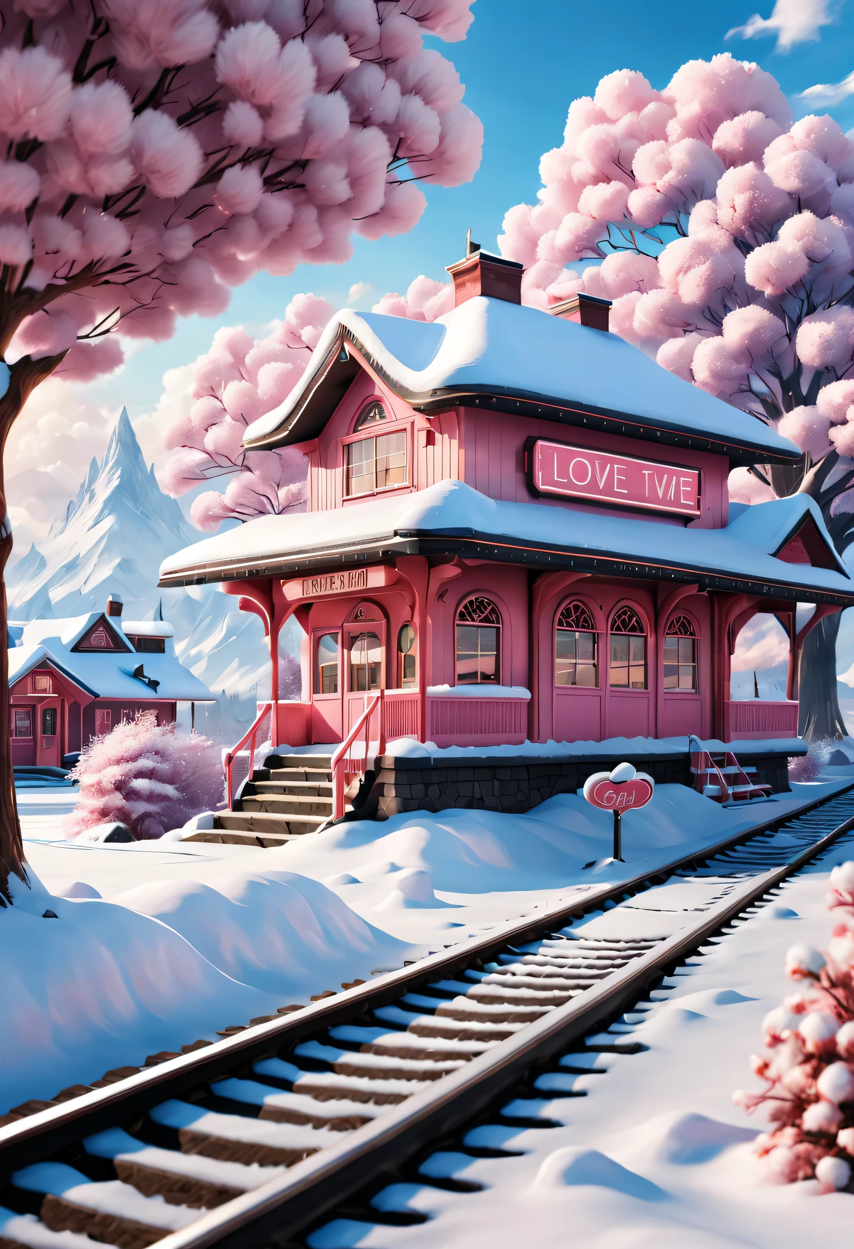 Scene design, Very unified CG design, a beautiful station (Floating train tracks stretch from ground to sky: 0.85), cloud, snow scene, (Warm pink station building: 0.98), "TRAIN STATION" Letter logo (A station sign stuck in the snow: 0.65), heart shaped love tree, Warm little station buildings on both sides of the signboard, thick snow, Front view, ultra wide angle lens, 8k, Ultra-clear, actual, Romantic, heavenly atmosphere, fantasy,