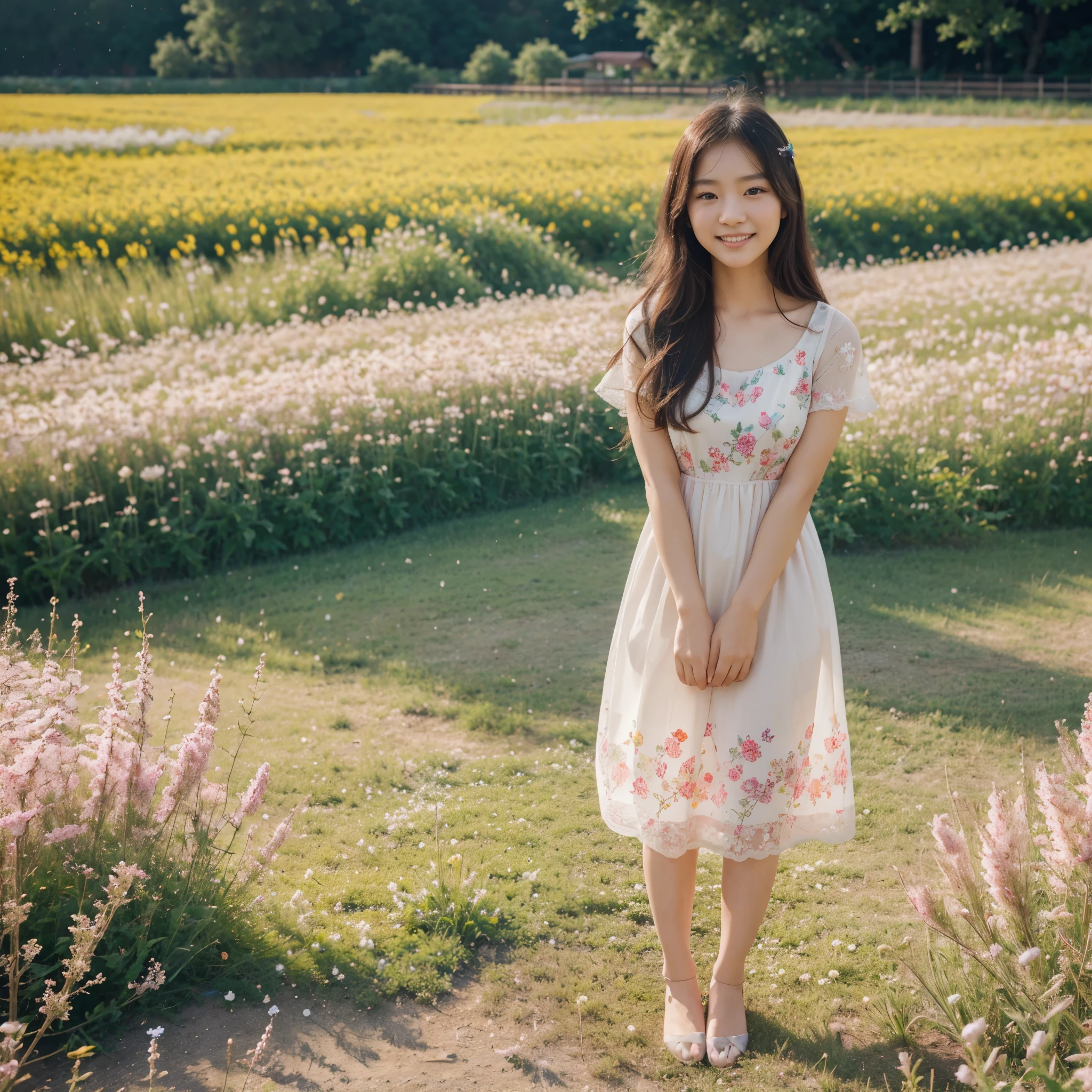 A young Korean girl in a sweet-colored dress standing in a flower-filled field. (best quality, highres, realistic:1.37), vibrant colors, soft lighting, detailed petals, gentle breeze, serene atmosphere, joyful expression, dreamy landscape, hand-painted texture, pastel tones, ethereal lighting, delicate details, cheerful mood, natural sunlight, blooming flowers, lush green grass, picturesque scenery, youthful appearance, innocence, charming smile.