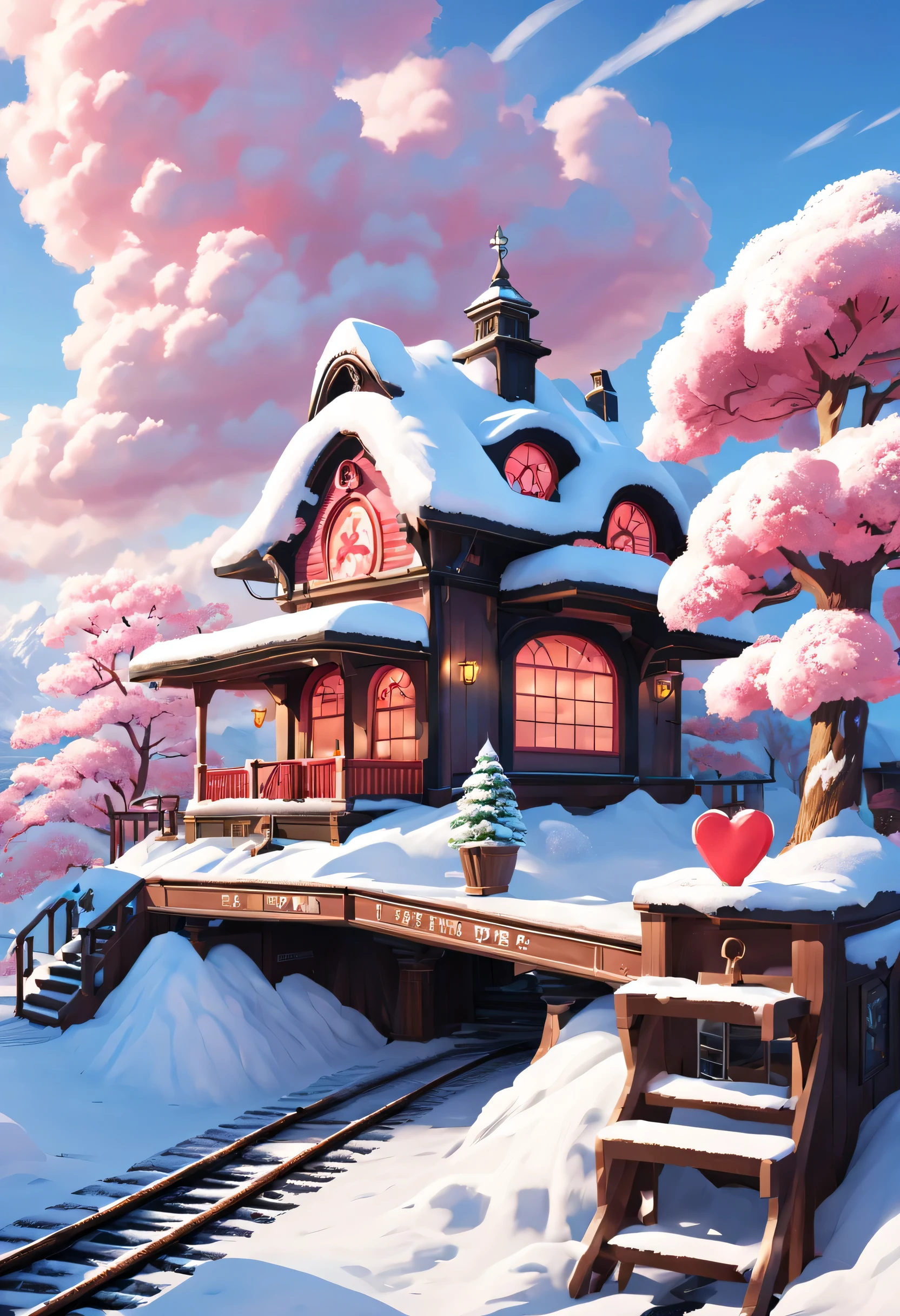 Scene design, Very unified CG design, a beautiful station (Floating train tracks stretch from ground to sky: 0.85), cloud, snow scene, (Warm pink station building: 0.98), "TRAIN STATION" Letter logo (A station sign stuck in the snow: 0.65), heart shaped love tree, Warm little station buildings on both sides of the signboard, thick snow, Front view, ultra wide angle lens, 8k, Ultra-clear, actual, Romantic, heavenly atmosphere, fantasy,