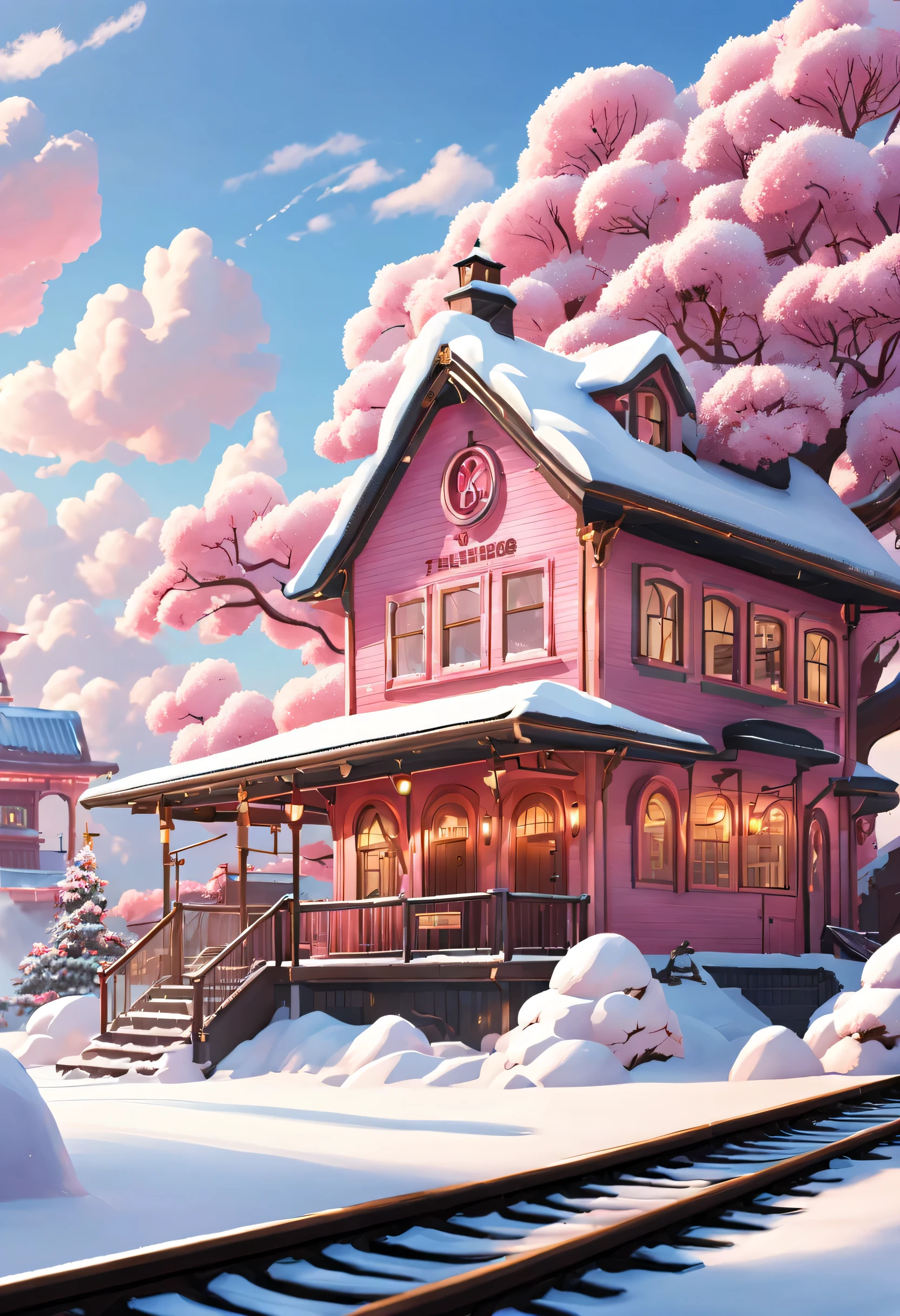 Scene design, Very unified CG design, a beautiful station (Floating train tracks stretch from ground to sky: 0.85), cloud, snow scene, (Warm pink station building: 0.98), "TRAIN STATION" Letter logo (A station sign stuck in the snow: 0.65), heart shaped love tree, Warm little station buildings on both sides of the signboard, thick snow, Front view, ultra wide angle lens, 8k, Ultra-clear, actual, Romantic, heavenly atmosphere, fantasy,