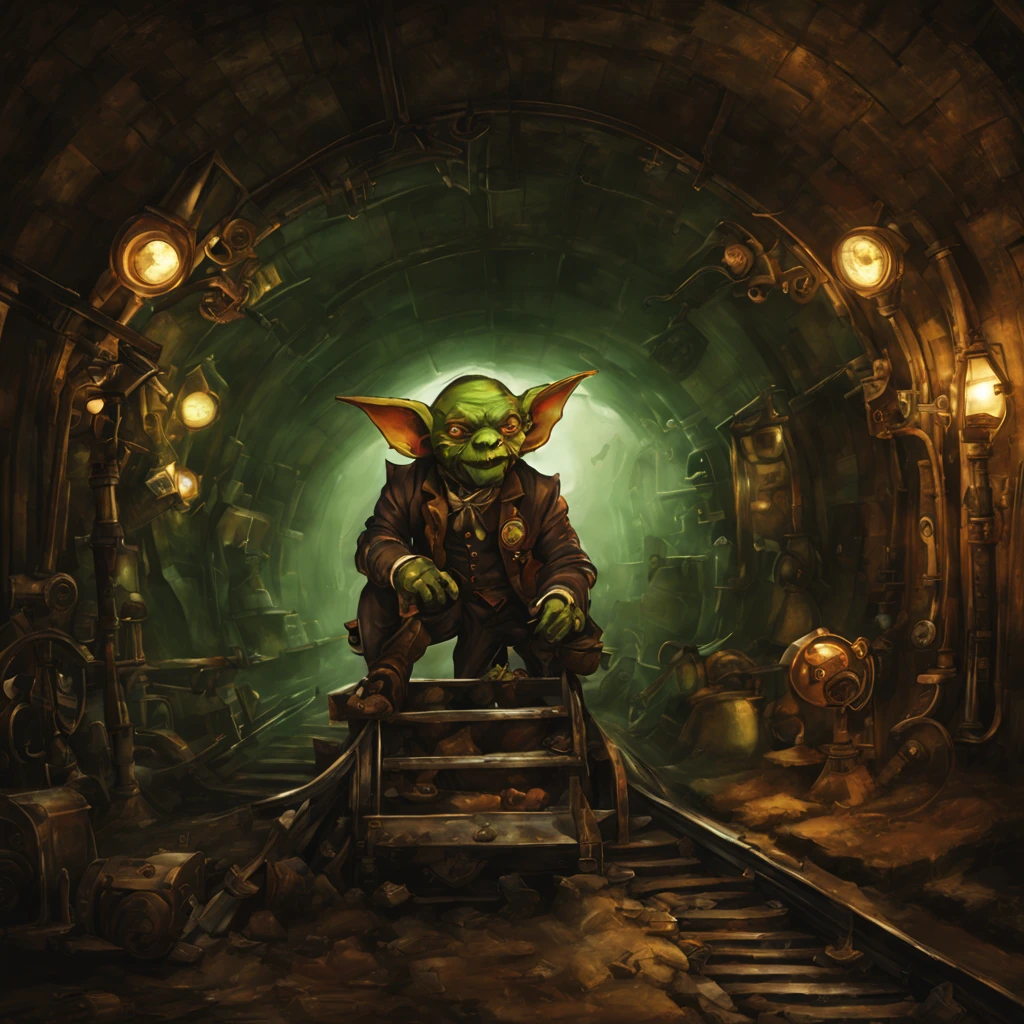 (theme: (goblin|Steampunk)) In a deep dark tunnel, Mad Scientist Goblins build dangerous and scary trains to move their psychotic goblin kin between under cities