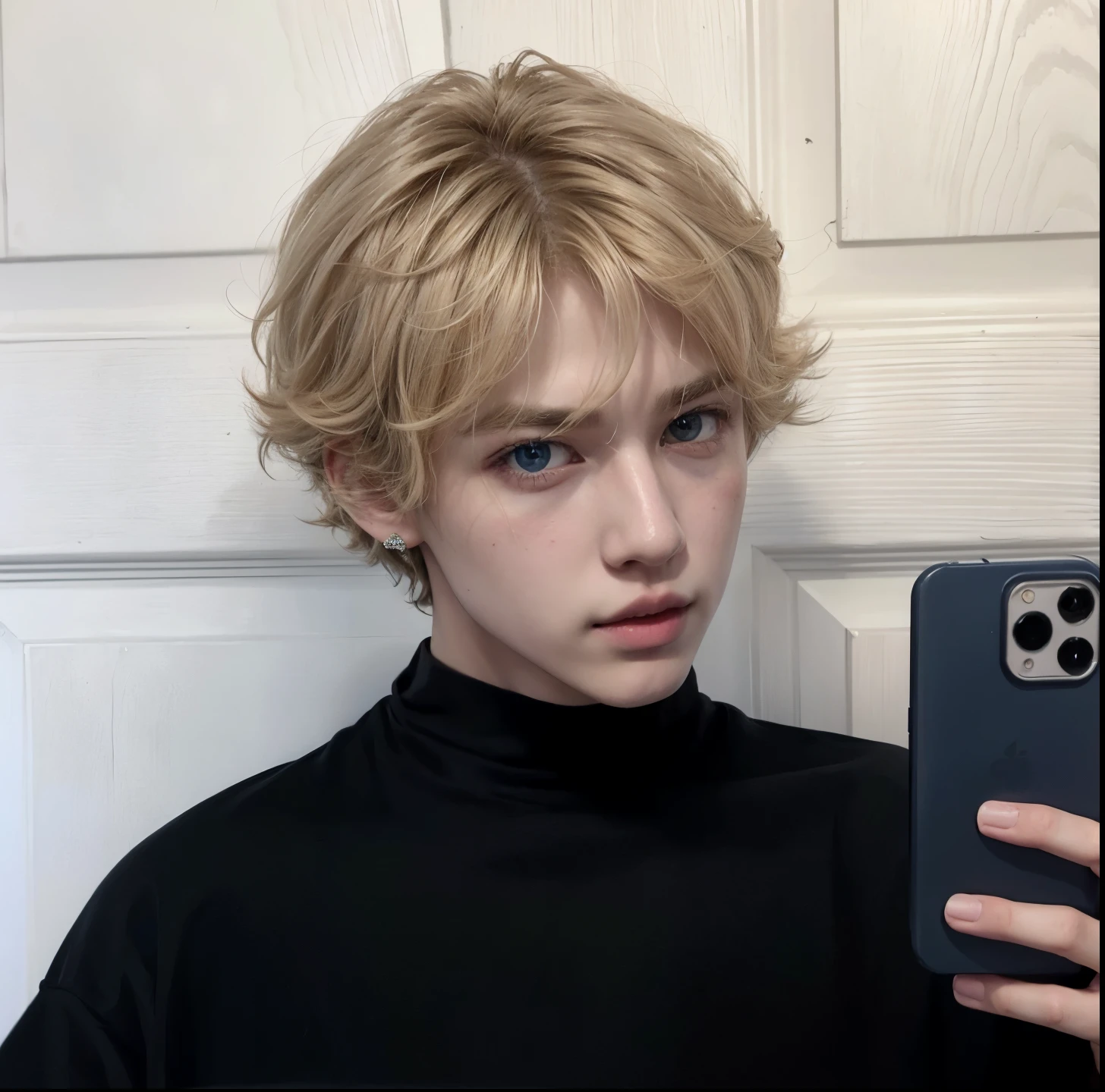 Blonde haired boy taking a selfie with his cell phone., xqc, pale skin curly blonde hair, corte de pelo rizado en la parte media, pelo corto en la parte superior de su cabeza, he has short curly brown hair, su cabello es desordenado y salvaje, rizos en la parte superior de su cabeza, an epic non-binary model, su cabello esta desordenado y descuidado, jin bts, tae bts, coreano, rostro adorable, angelical, blonde hair, blue eyes, realista, kim taehyung, cute face, doll