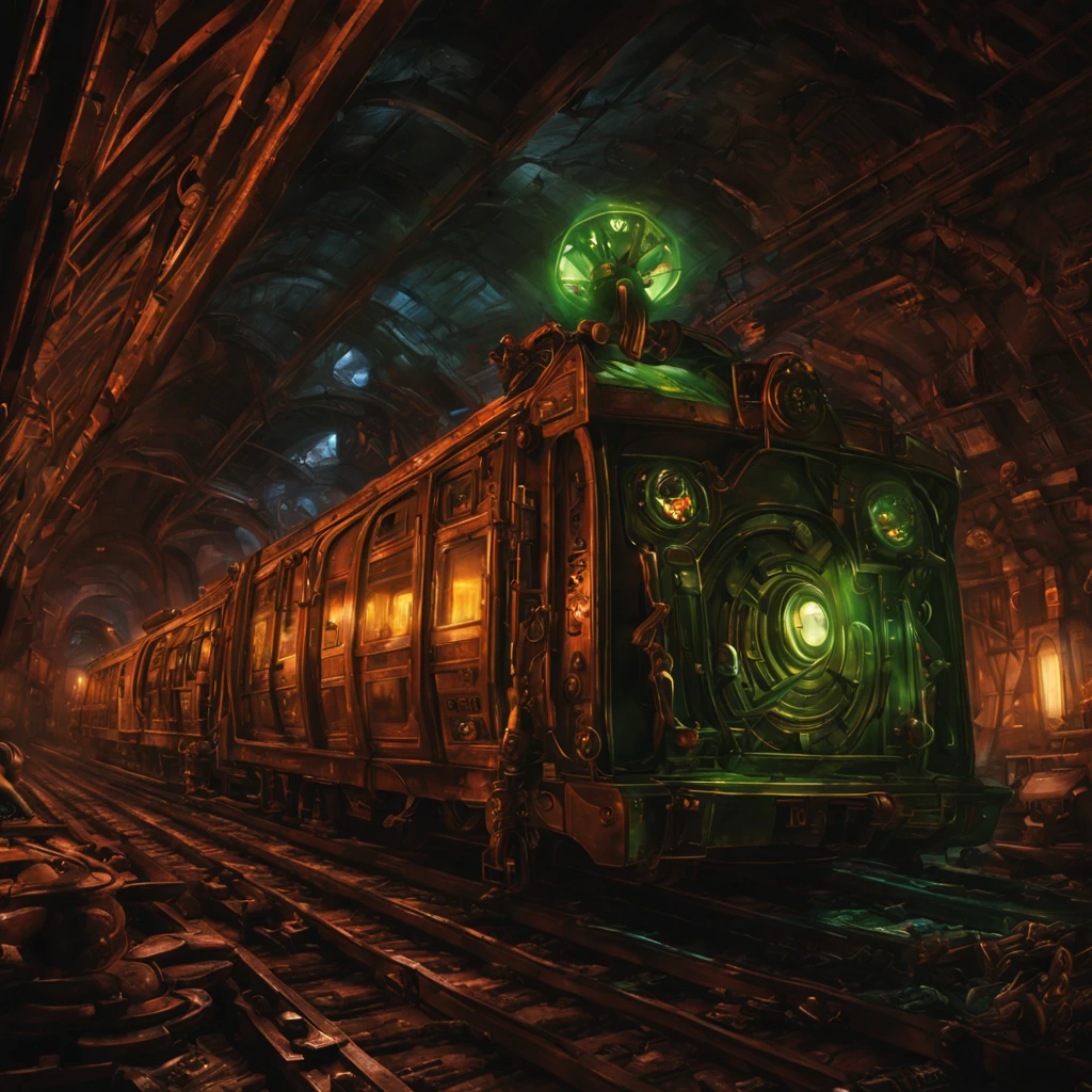 In a deep dark tunnel, Mad Scientist Goblins are building dangerous and scary trains to transport their psychotic goblin kin between the underground cities. These trains are made with intricate details and vibrant colors, showcasing the craftsmanship and creativity of the goblins.

The scene is set in a dimly lit tunnel, with flickering fluorescent lights casting eerie shadows on the walls. The goblins work diligently, their hunchbacked figures hunched over their workstations. Their eyes shine with curiosity and determination as they tinker with the intricate machinery and gears.

The trains themselves are a sight to behold. They have a steampunk aesthetic, with copper pipes, gears, and steam vents dominating the design. The trains emit billows of thick smoke, engulfing the surroundings and adding to the ominous atmosphere.

Each train carriage is adorned with unique and intricate details. There are glowing green orbs that illuminate the interior, casting an otherworldly glow. The metallic surfaces are polished to perfection, reflecting the surrounding environment in a distorted manner.

The trains move on iron tracks that twist and turn, creating a sense of chaos and unpredictability. Sparks fly as the wheels screech against the tracks, adding to the unsettling ambiance. The goblins take pride in their work, ensuring every train is equipped with mechanical gadgets and contraptions that make them even more menacing.

The image quality is of the highest standard, with ultra-detailed visuals that capture every minute aspect of the scene. The colors are vibrant and vivid, enhancing the overall surreal feeling. The lighting is strategically placed to amplify the shadows and highlights, creating a balanced composition.

In terms of art style, the scene combines the elements of gothic horror and steampunk. The combination creates a unique blend of darkness and intricate machinery, giving the viewer a sense of unease and fascination.

The color palette leans towards cooler tones, with hues of deep blue, green, and purple dominating the scene. However, the trains themselves have accents of copper, brass, and gold, adding warmth and contrast to the overall color scheme.

The lighting in the scene is reminiscent of old gas lamps. Soft, flickering light illuminates specific areas, casting long shadows and creating a mysterious atmosphere. The occasional sparks flying from the trains create brief moments of brightness and excitement amidst the darkness.

Overall, the prompt generates a detailed and immersive image of mad scientist goblins constructing dangerous and scary trains in a deep dark tunnel. The prompt emphasizes the high-quality visuals, art style, color palette, and lighting to enhance the overall impact of the generated image.
