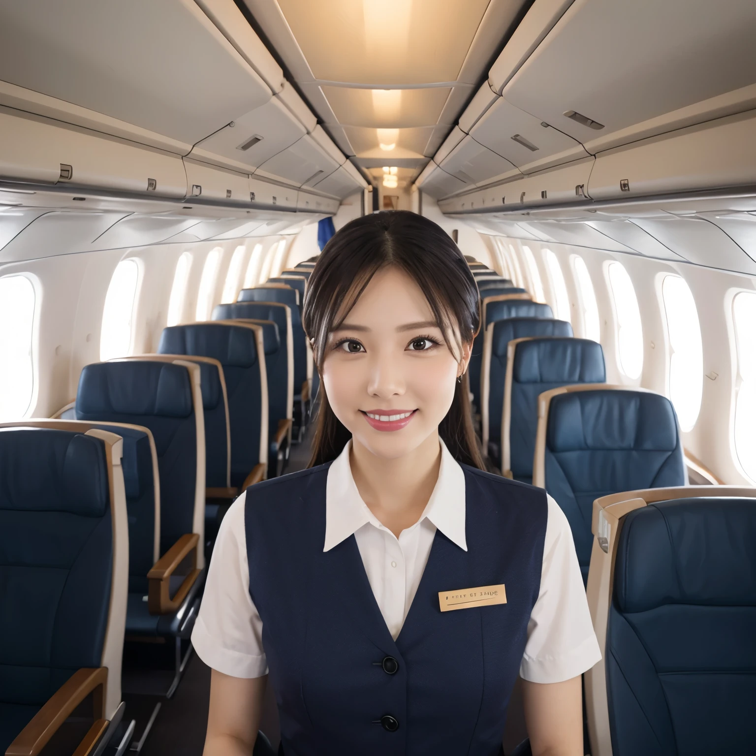 ((highest quality、table top、8k、best image quality、bright lighting))、1 cabin attendant、1 female stewardess、(photo from the chest up:1.2)、close up of face、(Walking gracefully down the center aisle of an airplane:1.3)、(perfect stewardess uniform:1.1)、(perfect flight attendant uniform:1.1)、elegant posture、big and full breasts、perfect chignon、the biggest smile、white big teeth、perfect makeup、long eyelashes、Please look at me、perfect anatomy、Top-class cabin with natural depth、Perfect first class airplane interior、Luxury airplane seats lined up in perfect order、Perfectly reproduce the intricate details of aircraft interiors、perfect luggage shelf、Accurate representation of the luggage rack above the seat、real airplane seats、The most natural and perfect first class cabin