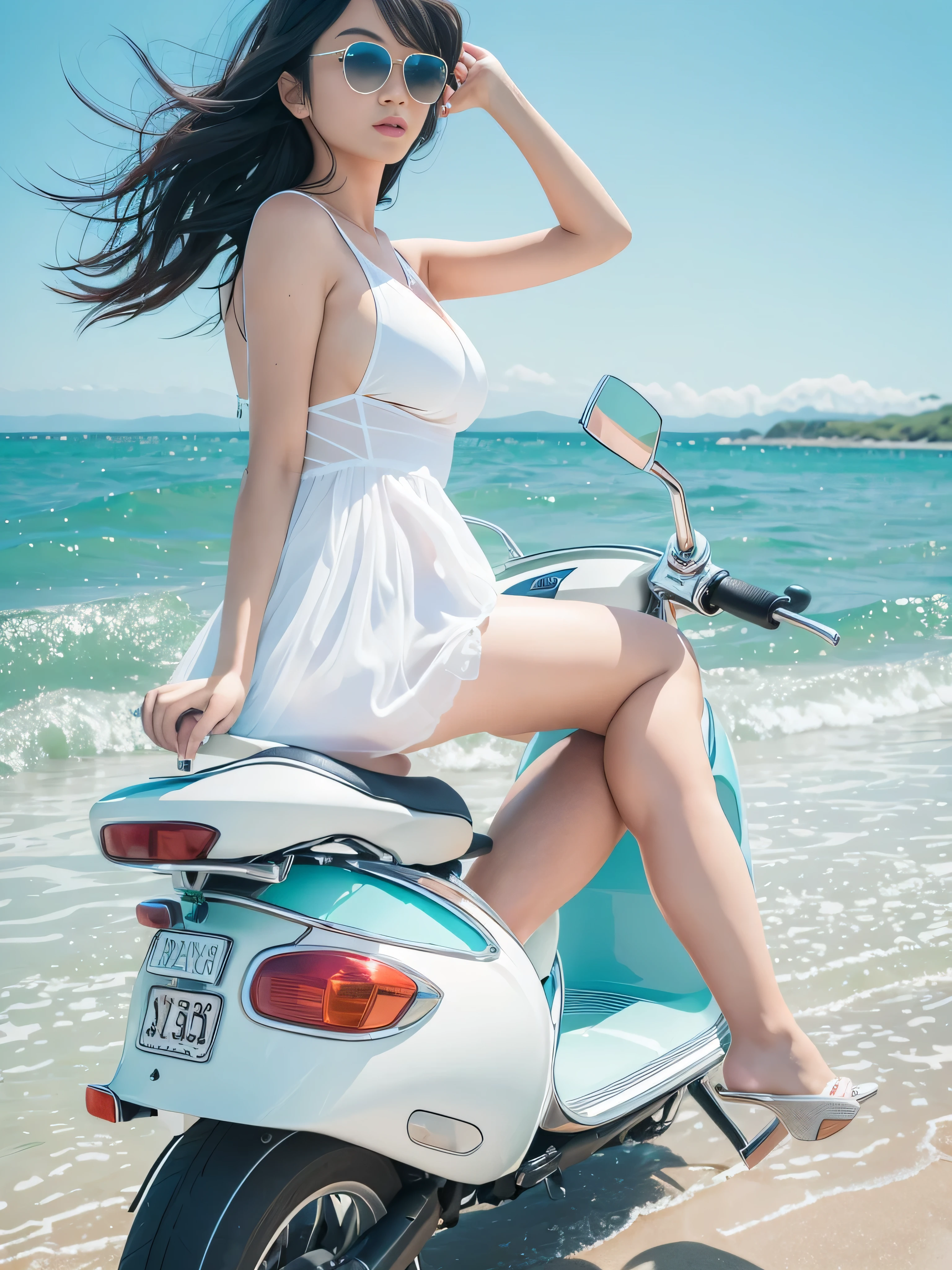 (RAW image quality:1.4)、highest quality、超A high resolution、1 girl、wearing a white micro bikini、(huge breasts:1.2)、high heels, ride a white scooter, sunglasses, black straight hair, photograph, The background is the sea,live action,Japanese,alone,beautiful expression,Beautiful smile,perfect body shape、Vibrant midsummer blue sky、wave droplets