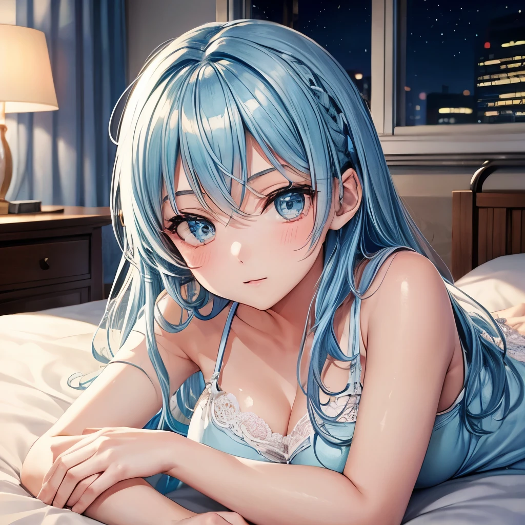 1girl, bluenette hair, light blue hair, next door girl, night, evening, movie night, bed comfy, laying in bed