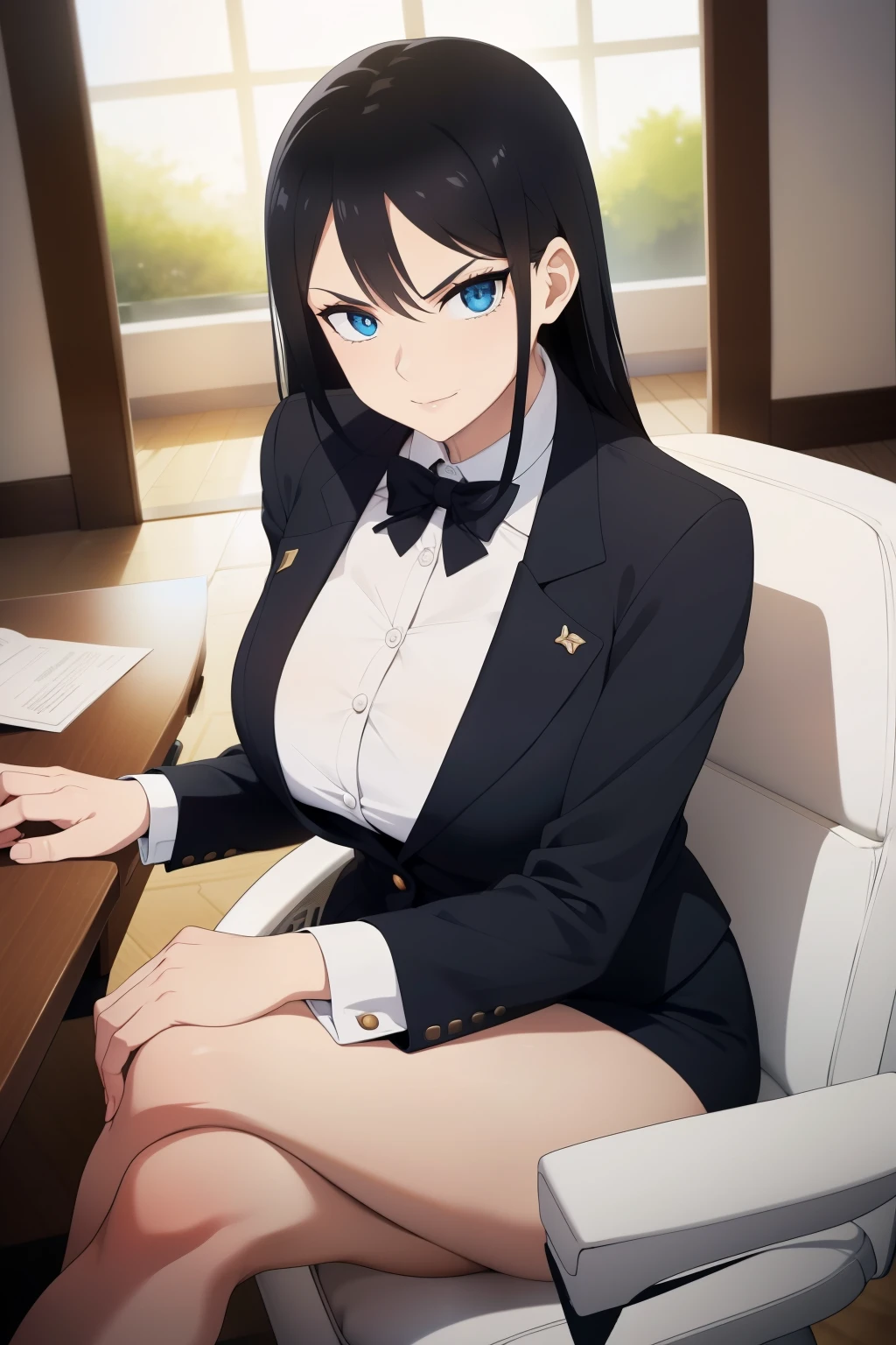 Woman in a business suit, black hair, curvy, busty, evil smirk, dominant stare, thick thighs, from below, sitting in a chair, sitcrossleg, looking at viewer, inside a room, hand extended toward viewer, viewer pov