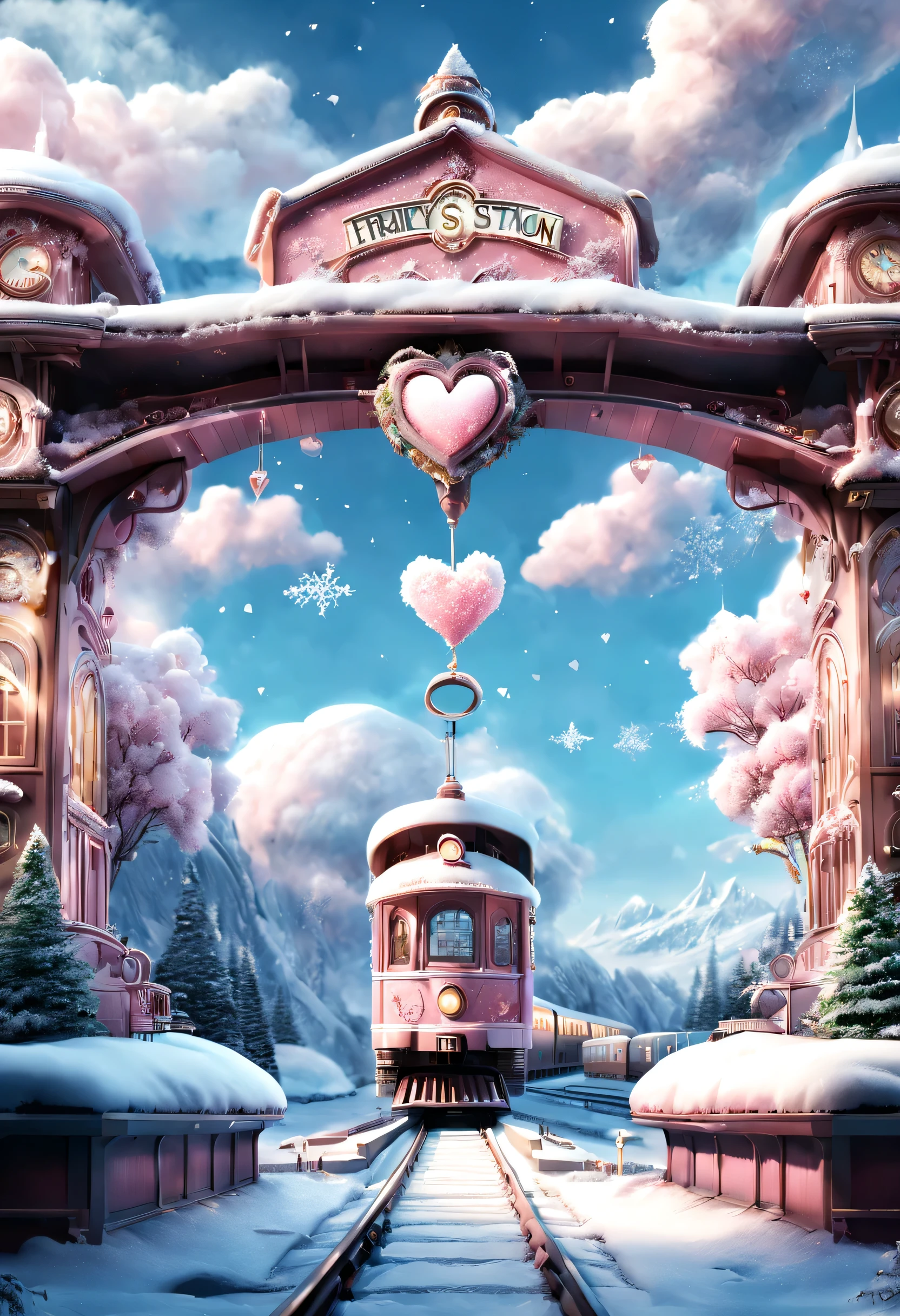 Scene design, Very unified CG design, a beautiful station (Floating train tracks stretch from ground to sky: 0.85), cloud, snow scene, (Warm pink station building: 0.98), "TRAIN STATION" Letter logo (A station sign stuck in the snow: 0.65), heart shaped love tree, Warm little station buildings on both sides of the signboard, thick snow, Front view, ultra wide angle lens, 8k, Ultra-clear, actual, Romantic, heavenly atmosphere, fantasy,