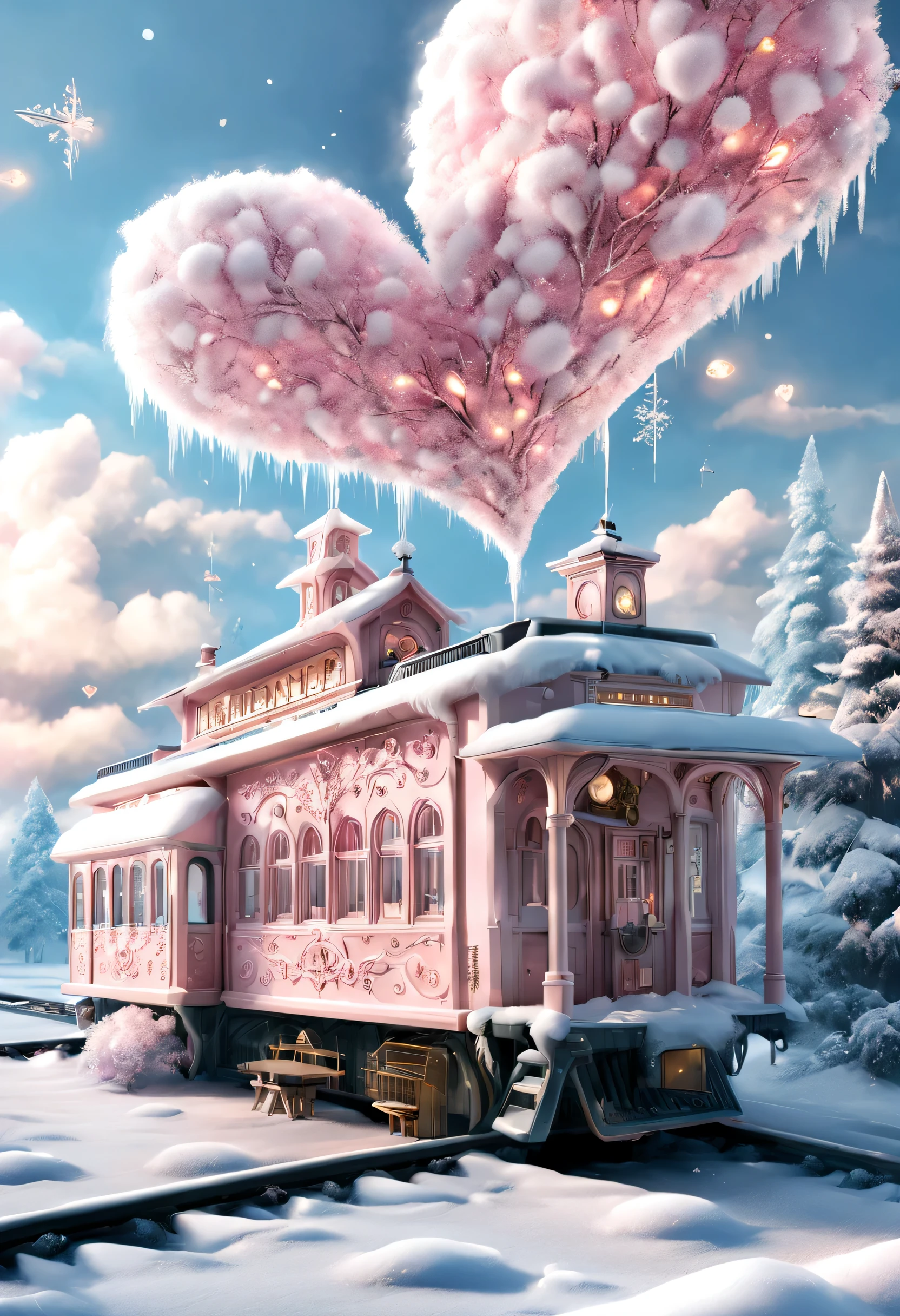 Scene design, Very unified CG design, a beautiful station (Floating train tracks stretch from ground to sky: 0.85), cloud, snow scene, (Warm pink station building: 0.98), "TRAIN STATION" Letter logo (A station sign stuck in the snow: 0.65), heart shaped love tree, Warm little station buildings on both sides of the signboard, thick snow, Front view, ultra wide angle lens, 8k, Ultra-clear, actual, Romantic, heavenly atmosphere, fantasy,