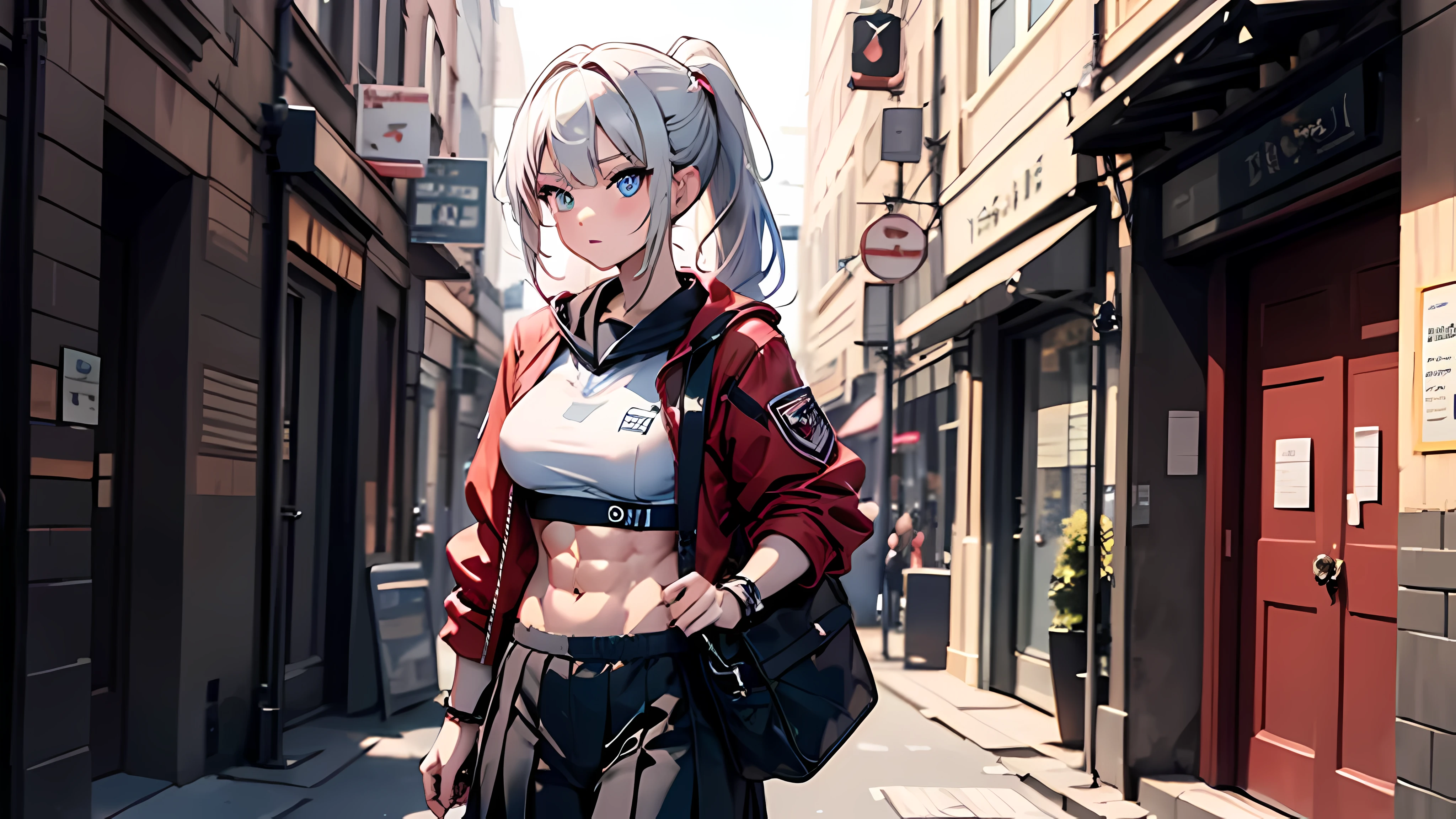 Photo, gray-haired girl stands in front of the camera, standing straight, Ponytail, Perfect body, press, 4-pack press, defind press, school uniform, 8K, Best quality, One girl, 20 year old student, Blue eyes, in the school hallway, Uncircumcised, no bags, On distance, empty hands