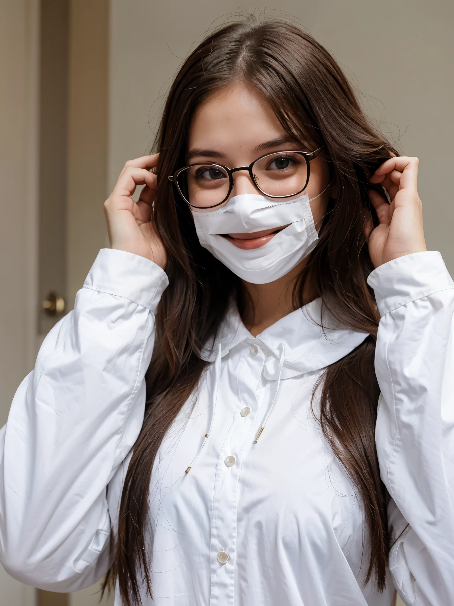 A cute woman wearing glasses, a white mask, long hair, smiling with her eyes.