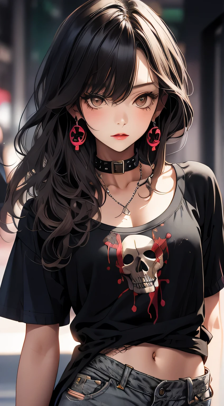 masterpiece, highest quality, pixiv, cool girl, the strongest pirate girl, skull fashion, dark brown hair, curly hair, dull bangs, straight bangs, gray eyes, white skin, gal, Improve