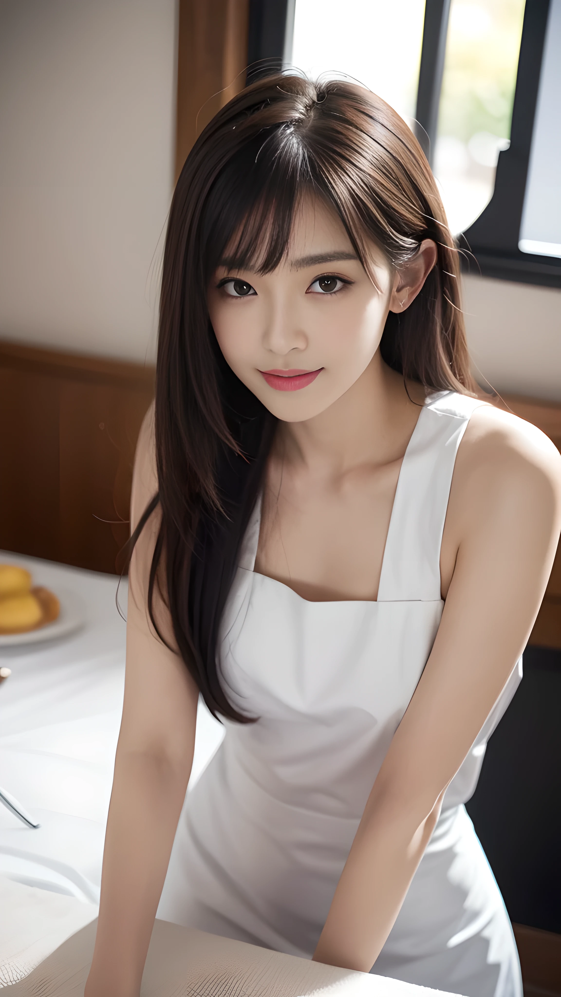 (table top:1.3), High resolution, Super detailed, Highly detailed CG Unity 8k wallpaper, realistic, photo-realistic, RAW photo, beautiful and detailed face, white skin, realistic skin, fine fabric texture, detailed hair texture, perfect proportions, beautiful face, Accurate, anatomically correct, Highly detailed face and skin texture, natural neck length, (beautiful hand air skin:1.2), thin legs, thin legs, fine eyes, symmetrical eyes, light brown eyes, double eyelid, thin eyebrows, (glossy lips:1.4), (goddess smile:1.2), 
break, 
(classy and cute girl:1.3), 
(medium big breasts), (slender body shape:1.2), 
(Hair color is random, hair length is random, Hairstyle is random), (( asymmetrical bangs:1.2)), (upper body shot:1.2), 
 ,bus guide、night、cold winter season、nice random place、outside、The presence or absence of a hat is random..、Naked, wearing only an apron, but、that dress is so sexy、male