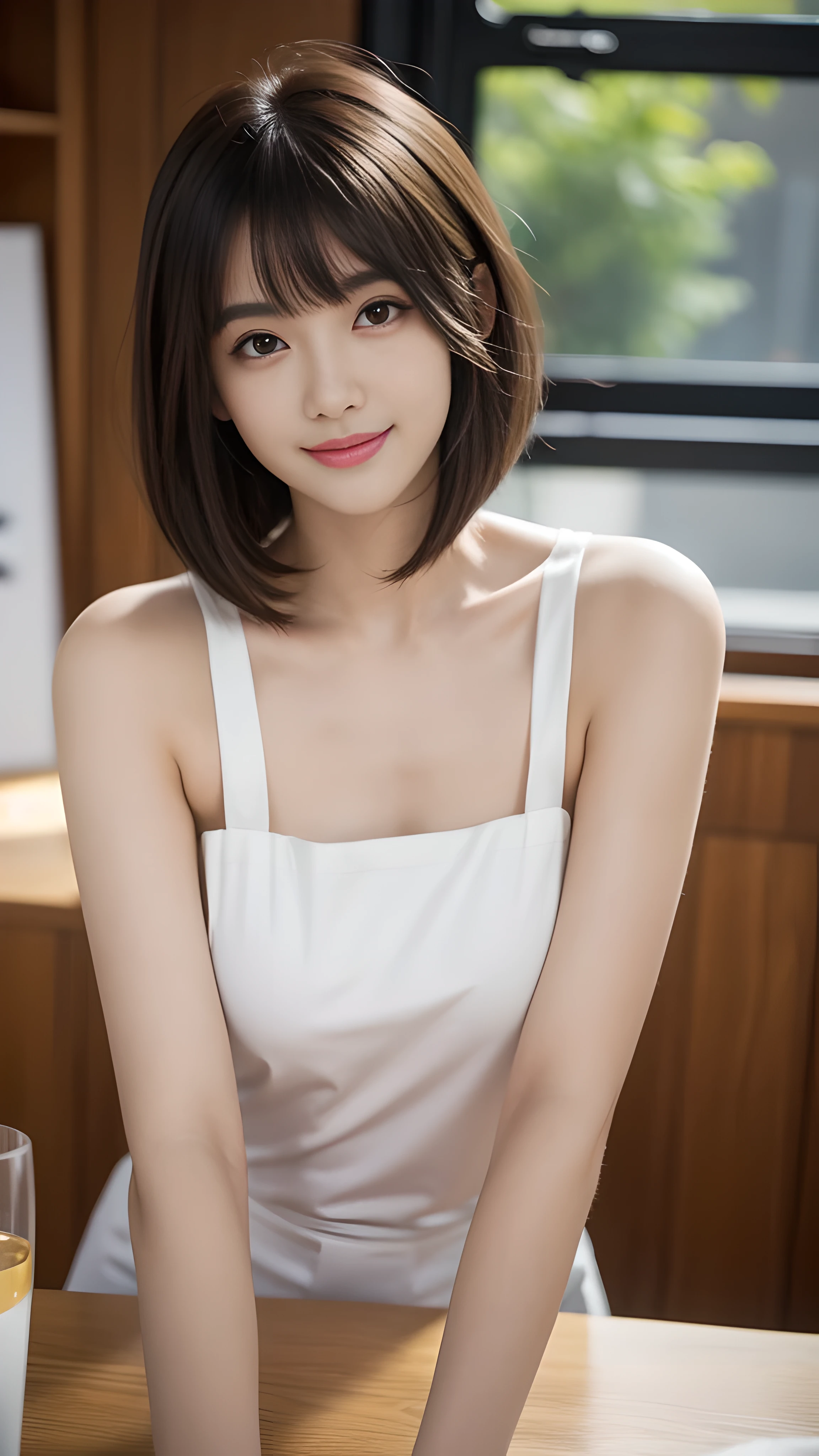 (table top:1.3), High resolution, Super detailed, Highly detailed CG Unity 8k wallpaper, realistic, photo-realistic, RAW photo, beautiful and detailed face, white skin, realistic skin, fine fabric texture, detailed hair texture, perfect proportions, beautiful face, Accurate, anatomically correct, Highly detailed face and skin texture, natural neck length, (beautiful hand air skin:1.2), thin legs, thin legs, fine eyes, symmetrical eyes, light brown eyes, double eyelid, thin eyebrows, (glossy lips:1.4), (goddess smile:1.2), 
break, 
(classy and cute girl:1.3), 
(medium big breasts), (slender body shape:1.2), 
(Hair color is random, hair length is random, Hairstyle is random), (( asymmetrical bangs:1.2)), (upper body shot:1.2), 
 ,bus guide、night、cold winter season、nice random place、outside、The presence or absence of a hat is random..、Naked, wearing only an apron, but、that dress is so sexy、male