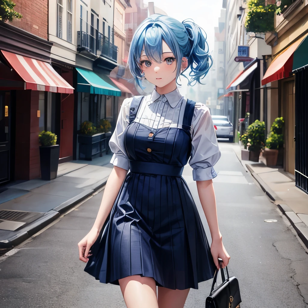 1girl, bluenette hair, light blue hair, next door girl,  phone, walking through streets, tipping on phone 