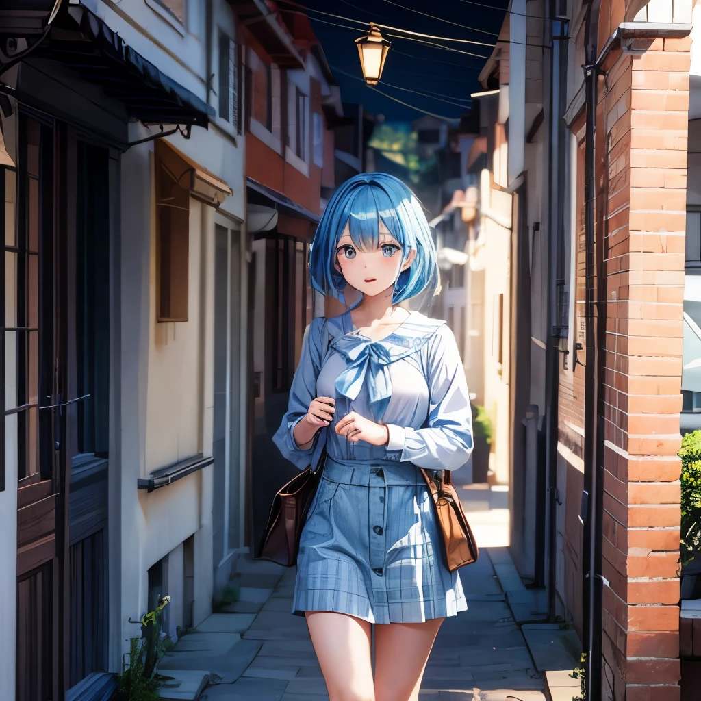 1girl, bluenette hair, light blue hair, next door girl,  phone, walking through streets, tipping on phone 