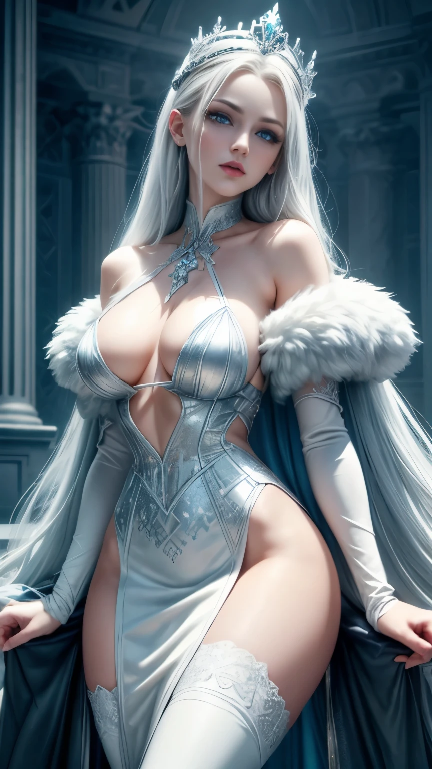 ((tall and beautiful fairy tale snow queen)) ((Big bright light blue eyes)) ((dark eyeshadows make up)) (()) ((very pale skin)) ((bright red lips)), ((very long platinum blonde hair)) ((big chest:1.5)) ((slender body type)) ((wear fantasy ice made dress)) ((jewelry, crown))((inside ice made castle)) ((snow, everything frozen))((pose sit on ice made throne)) ((gloomy ambient, dense fog)) ((high definition:1.5), ((lights out)) ((masterpiece:1.5))((8k:1.5)) ((Best quality:1.4)), more_details:-1, more_details:0, more_details:0.5, more_details:1, more_details:1.5