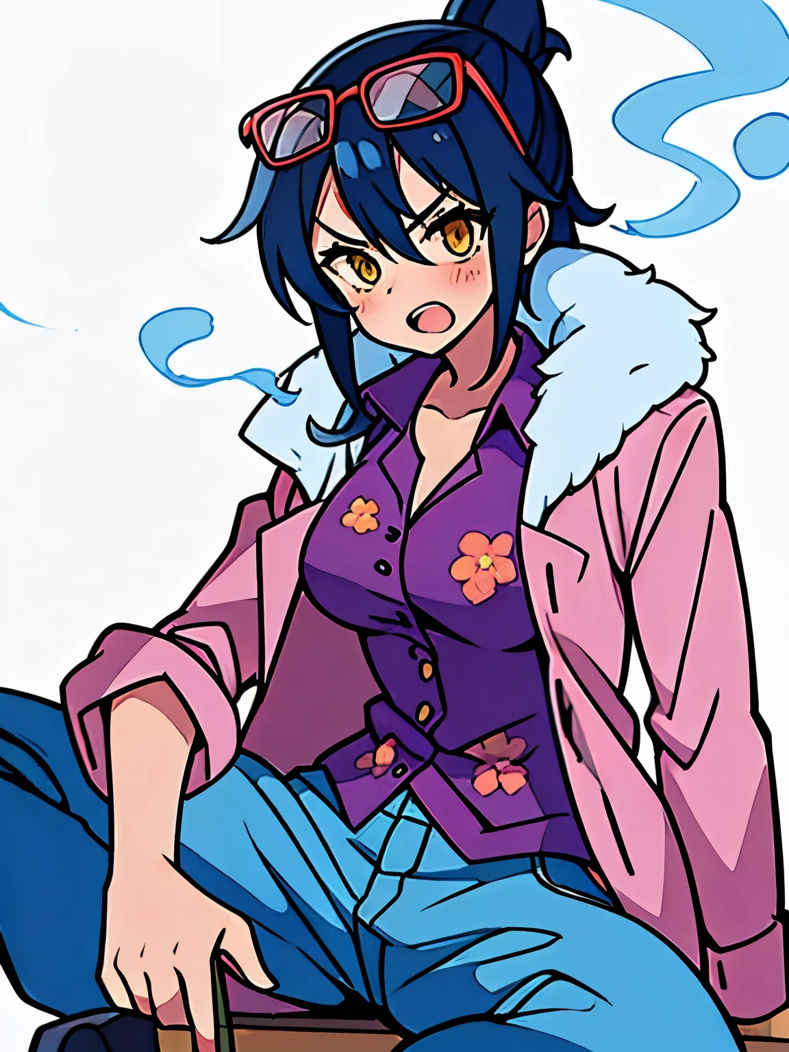 tashigi, 1girl, arms behind back, blue hair, blue pants, body switch, breasts, breasts apart, cigar, coat, collarbone, collared shirt, denim, dot nose, eyewear on head, feet out of frame, floral print, fur collar, groin, jeans, looking at viewer, medium breasts, medium hair, navel, official alternate costume, open clothes, open mouth, pants, personality switch, pink coat, purple shirt, red-framed eyewear, shirt, simple background, sitting, smoke, solo, spread legs, teeth, v-shaped eyebrows, white background, yellow eyes