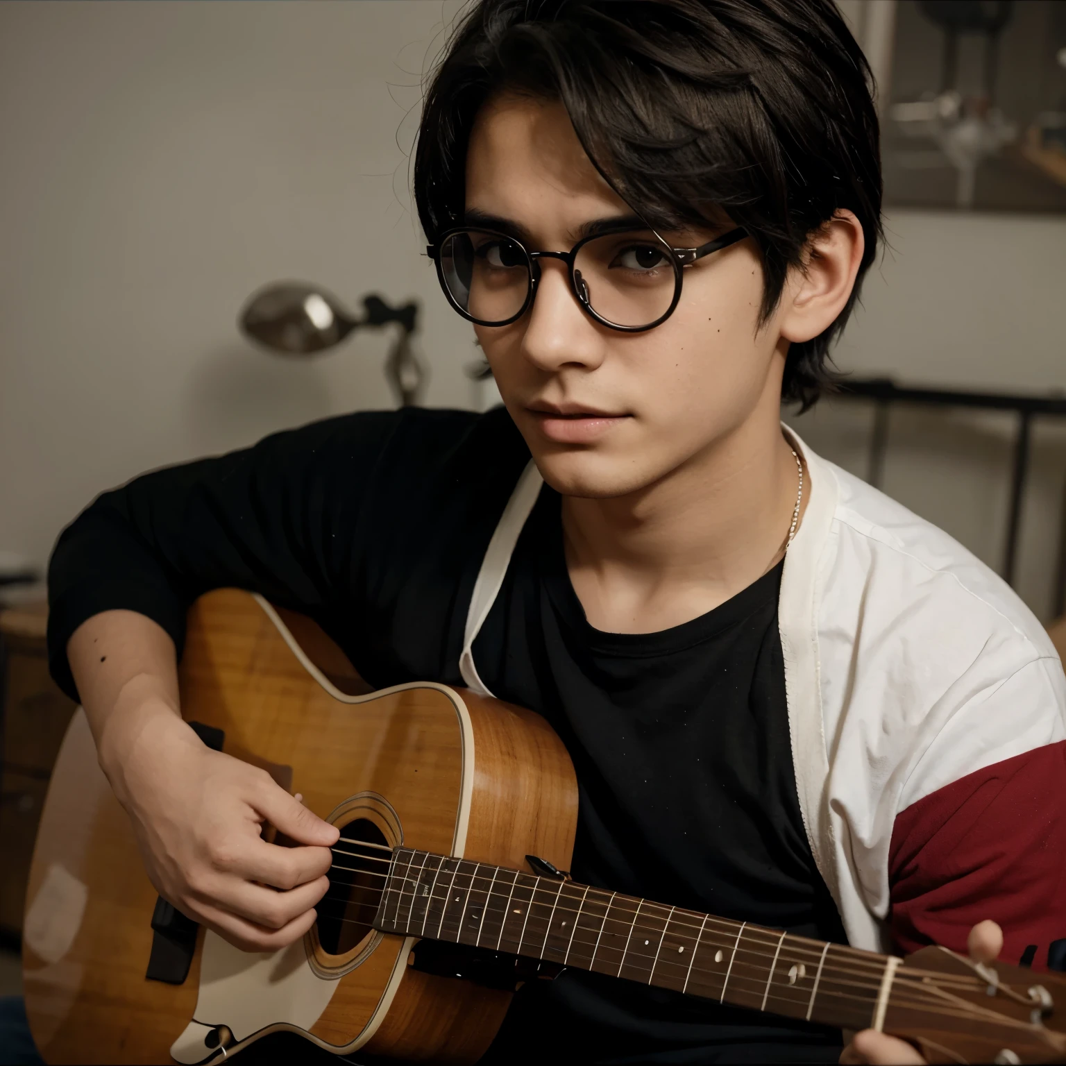 Cute anime boy with brown hair and eyes, White skin,with a cross dangle earring, with round black frame glasses, with a white shirt and a black sweatshirt, with a transverse flute