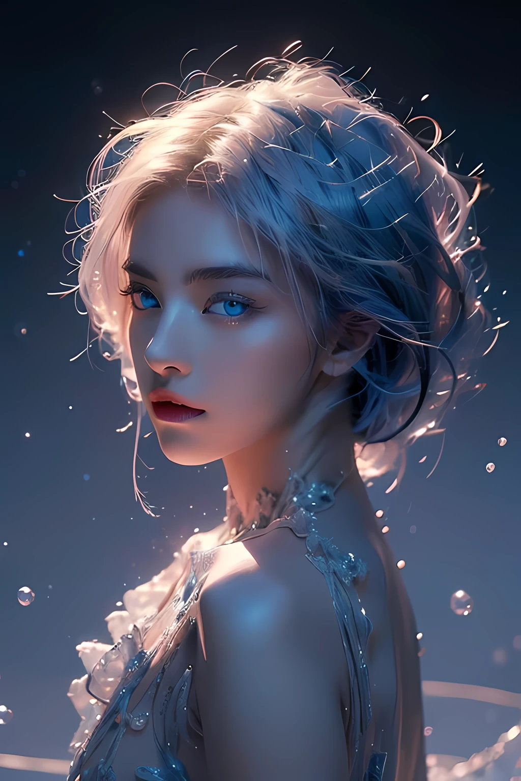 (masterpiece, top quality, best quality, official art, beautiful and aesthetic:1.2), (1 naked girl:1.2), cute, extreme detailed,(abstract:1.4, fractal art:1.3),(silver and blue_hair:1.1), blue eyes,colorful,highest detailed, Beautiful girl trapped inside a big soap bubble,