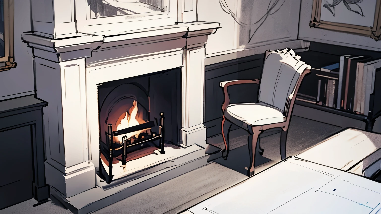 fireplace, chair(back), black and white drawing, sketch