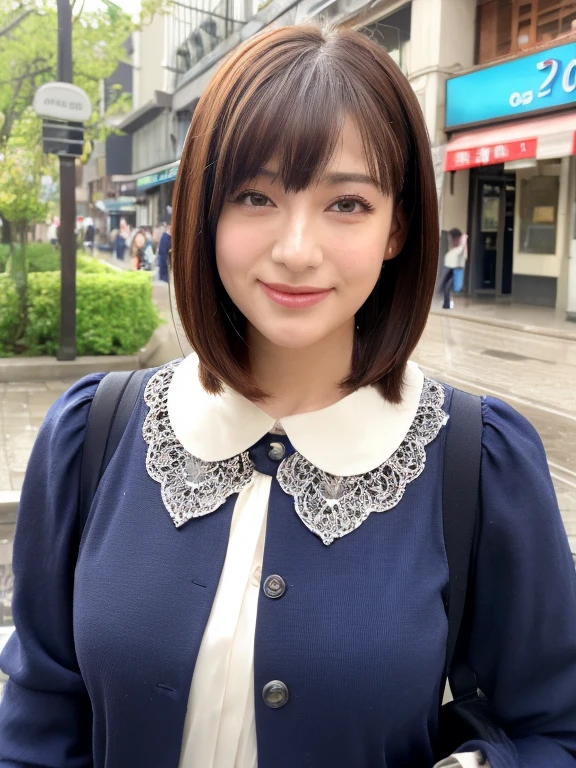 ((highest quality、8k、masterpiece:1.3))、sharp focus:1.2、beautiful woman with perfect figure:1.4、slender abs:1.2、((layer cut、big breasts:1.2))、(rain、street:1.2)、wet body:1.5、Highly detailed face and skin texture、detailed eyes、double eyelid、bob cut hair, Cherry tree、tulip、18-year-old、Cafe、In front of the station、
