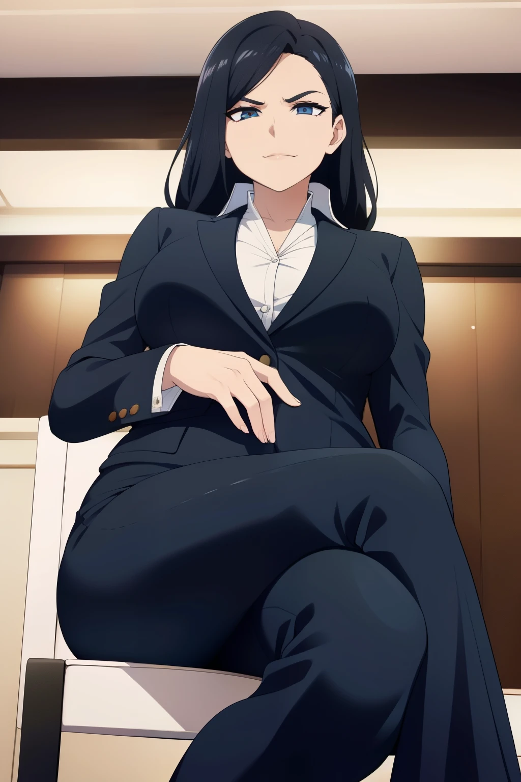 Woman in a business suit, black hair, curvy, busty, evil smirk, dominant stare, thick thighs, from below, sitting in a chair, sitcrossleg, looking at viewer, inside a room, hand extended toward viewer, viewer pov