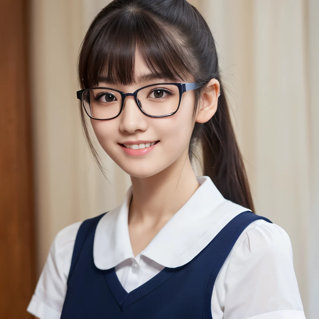masterpiece,bestquality,detailed,absurdres,cute face,navy semilong ponytail,bangs,slant armond eyes,square glasses,slender,large breasts,sitting on bed,small round nose,fang, old,upper body,(busts focus:1.3),smile,school uniform