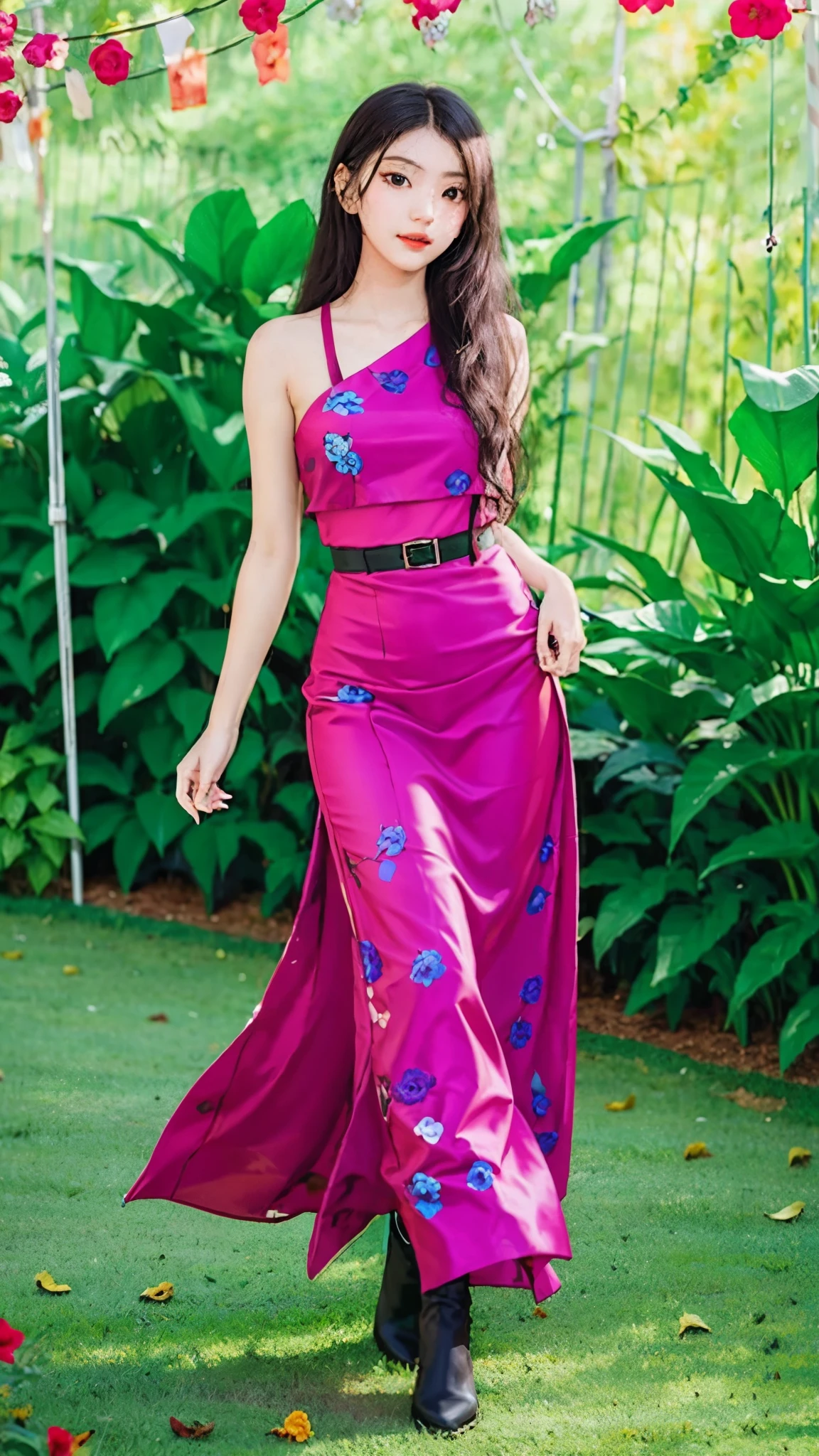 (masterpiece, best quality:1.2), 1girl, solo full body, detailed eyes, detailed lips, flowing wavy hair, elegant dress, standing in a blooming garden, surrounded by vibrant flowers, soft sunlight casting a warm glow on her skin, enchanting expression, graceful posture, vivid colors, realistic rendering, romantic atmosphere