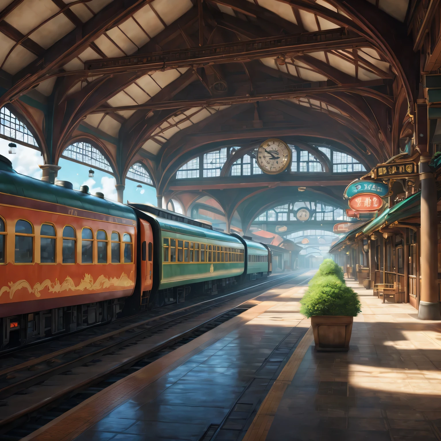 Japanese cartoons, A train station inspired by Spirited Away, bright colors,  magical creatures, Whimsical architecture, vivid scenery,  Mysterious shadows, intricate details, imaginative environment,  steam train, nostalgic atmosphere,Compelling storytelling, dreamlike scene, ethereal beauty, (best quality,4k,8k,high resolution,masterpiece:1.2),Super detailed,(actual,photoactual,photo-actual:1.37)