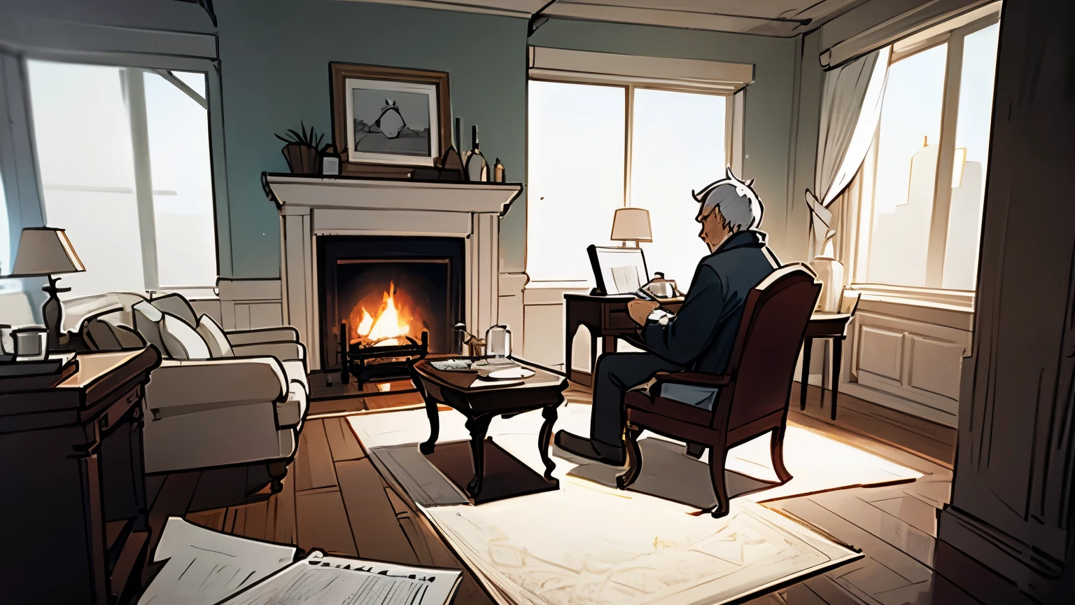 fireplace, chair, black and white drawing, sketch, middle aged man(back)