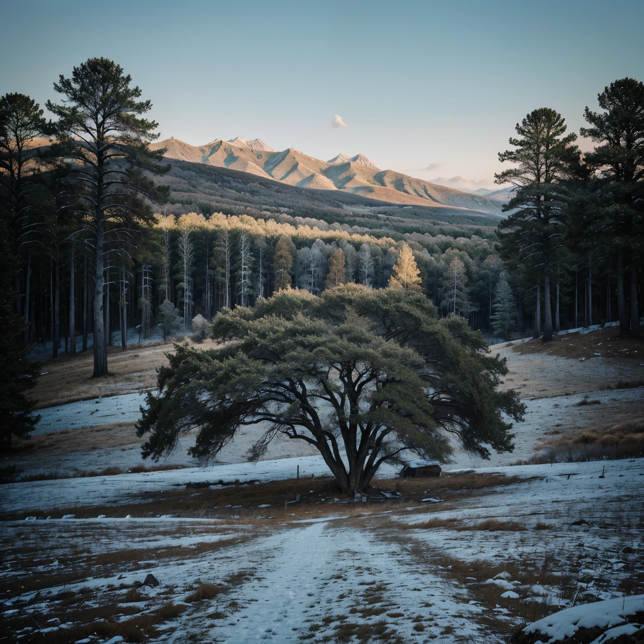 large cold mountain with big tree on the top, gothic, old style fashion, 90s, represent the word "landmark", beautiful, trees look like human veins, kurt kobai killed himself there, usa, from a long distance; colors like from 90x films, secret, easy to understand that it's "landmark", easy to remeber new english word