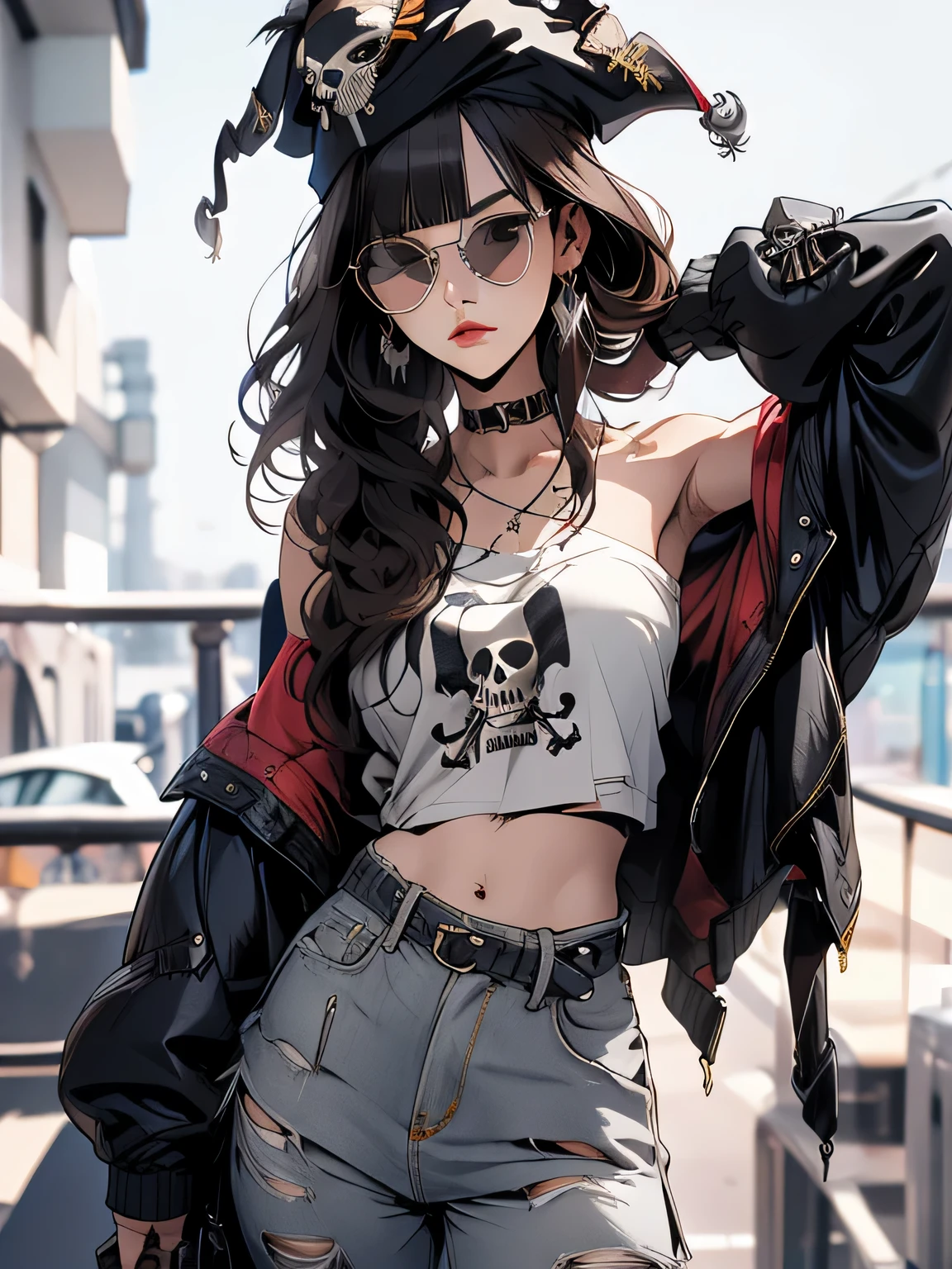 masterpiece, highest quality, pixiv, cooles Girl, the strongest pirate girl, stylish pirate hat, Stylish sunglasses, Skull Fashion, dark brown hair, Curly hairs, blunt bangs, straight bangs, gray eyes, White skin, Girl, improve