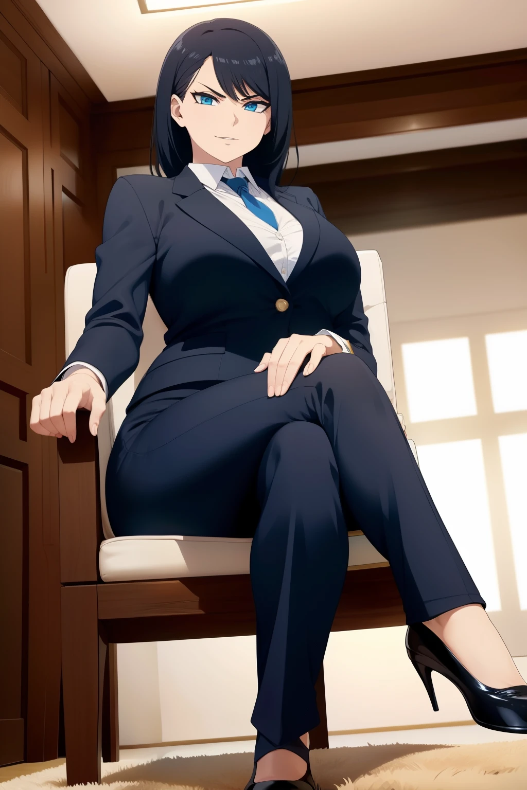 Woman in a business suit, black hair, curvy, busty, evil smirk, dominant stare, thick thighs, from below, sitting in a chair, sitcrossleg, looking at viewer, inside a room, hand extended toward viewer, viewer pov