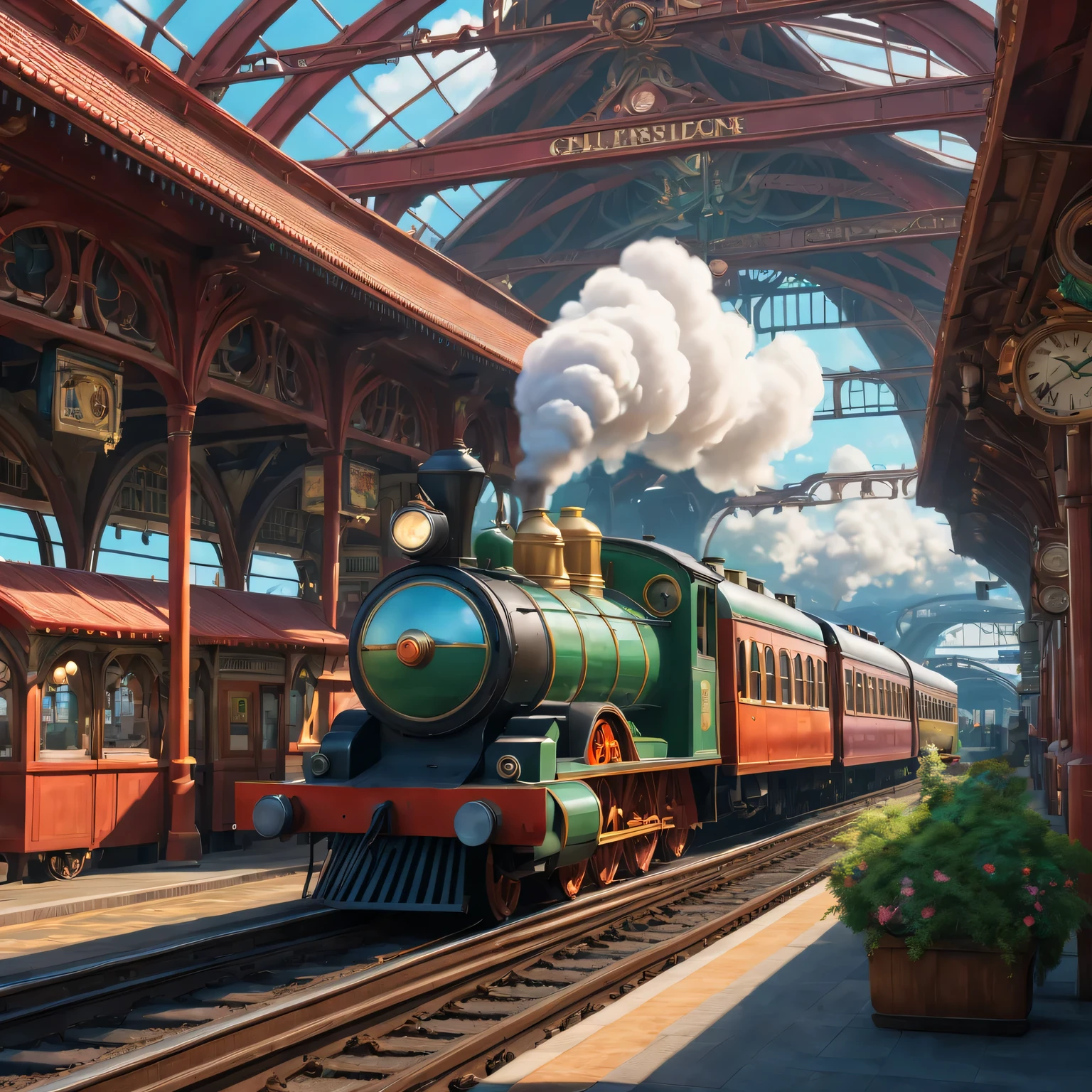Japanese cartoons, A train station inspired by Spirited Away, bright colors, magical creatures, Whimsical architecture, vivid scenery, Mysterious shadows, intricate details, imaginative environment, steam train, nostalgic atmosphere,Compelling storytelling, dreamlike scene, ethereal beauty, (best quality,4k,8k,high resolution,masterpiece:1.2),Super detailed,(actual,photoactual,photo-actual:1.37)