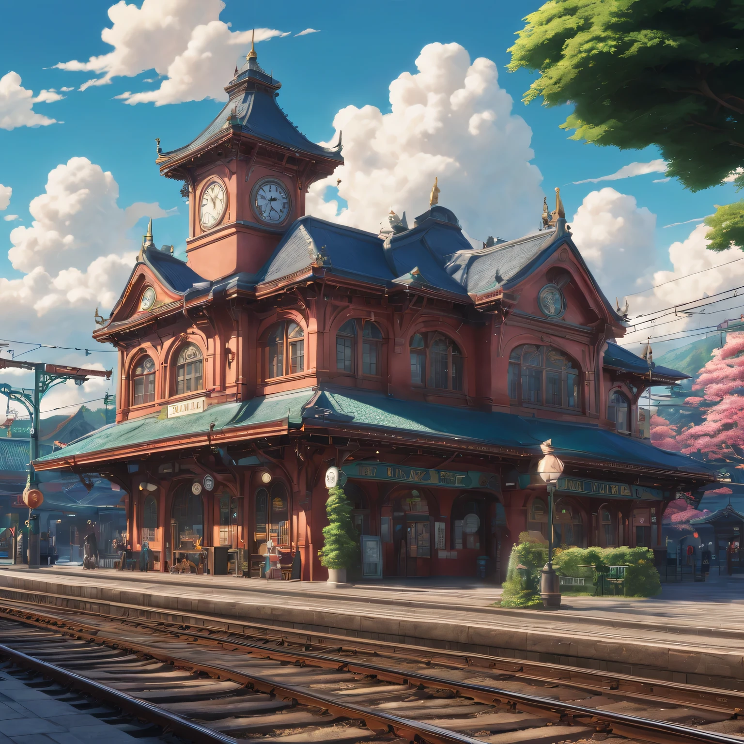 Japanese cartoons, A train station inspired by Spirited Away, bright colors, magical creatures, Whimsical architecture, vivid scenery, Mysterious shadows, intricate details, imaginative environment, steam train, nostalgic atmosphere,Compelling storytelling, dreamlike scene, ethereal beauty, (best quality,4k,8k,high resolution,masterpiece:1.2),Super detailed,(actual,photoactual,photo-actual:1.37)