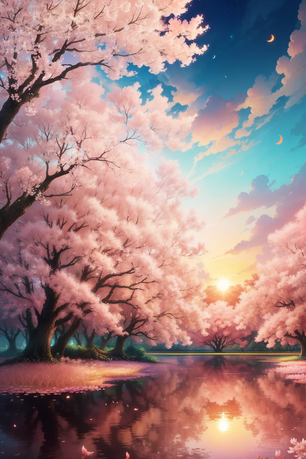 Movie CG, a breathtaking scene of nature unfolds before your eyes as the sun sets, painting the sky in hues of pink and orange. The serene landscape is filled with lush greenery and glistening dewdrops on the leaves. Animals can be seen roaming freely in the background, silhouetted against the radiant backdrop. The trees sway gently in the soft breeze, their branches adorned with delicate pink flowers. A tranquil pond reflects the vibrant colors of the sky, creating a mirror image of the celestial beauty above. The atmosphere is filled with a sense of calm and serenity, making for a truly mesmerizing sight. (high