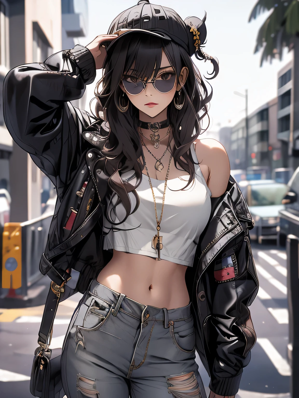 masterpiece, highest quality, pixiv, cool girl, the strongest pirate girl, stylish pirate hat, Stylish sunglasses, cute underwear, dark brown hair, curly hair, dull bangs, straight bangs, gray eyes, white skin, gal, Improve